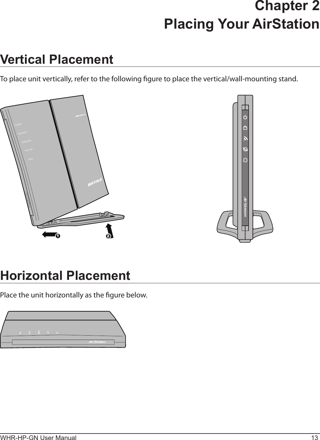 112WHR-HP-GN User Manual 13Chapter 2  Placing Your AirStationVertical PlacementTo place unit vertically, refer to the following gure to place the vertical/wall-mounting stand.Horizontal PlacementPlace the unit horizontally as the gure below.