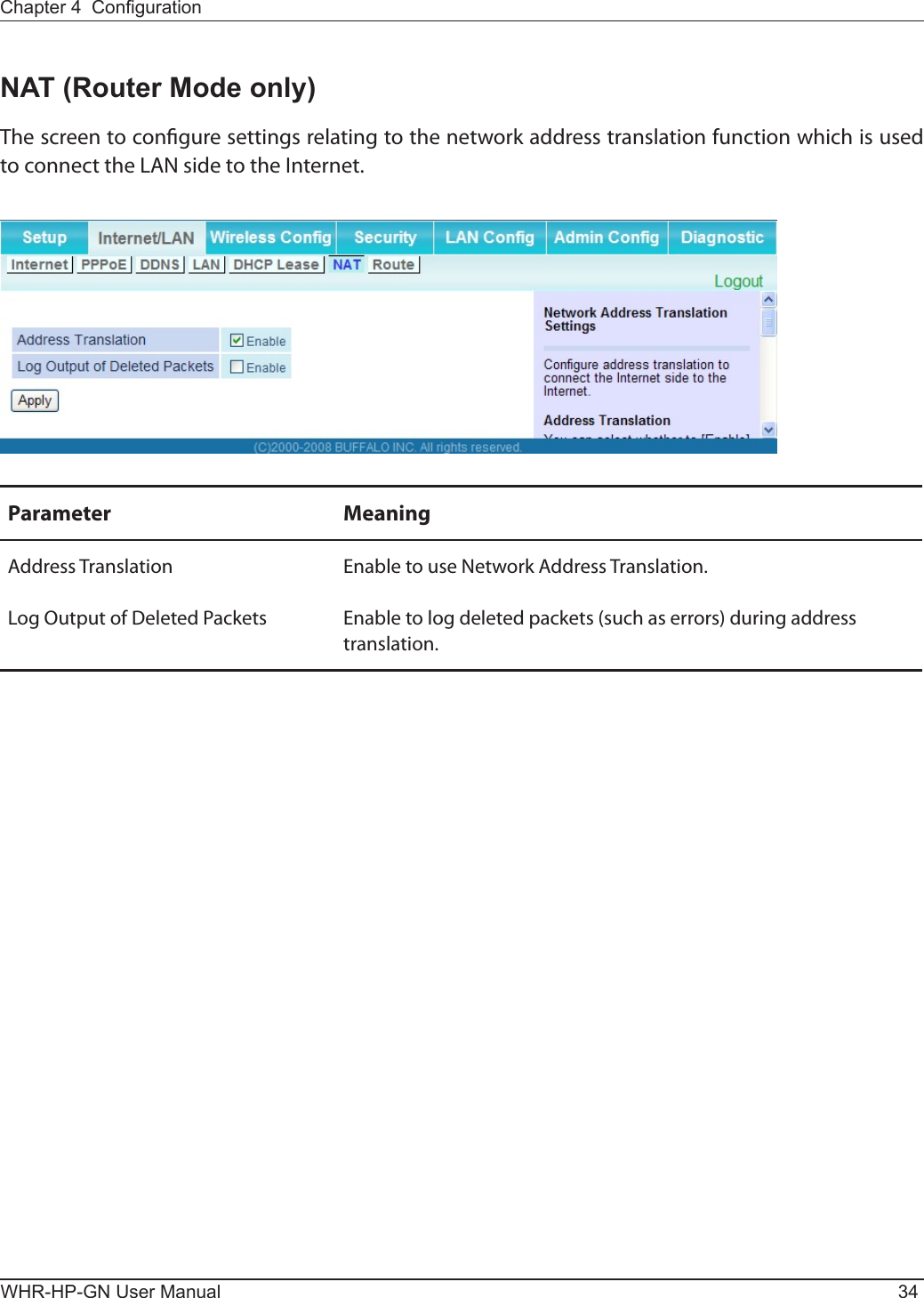 WHR-HP-GN User Manual 34Chapter 4  CongurationNAT (Router Mode only)The screen to congure settings relating to the network address translation function which is used to connect the LAN side to the Internet.Parameter MeaningAddress Translation Enable to use Network Address Translation.Log Output of Deleted Packets Enable to log deleted packets (such as errors) during address translation.