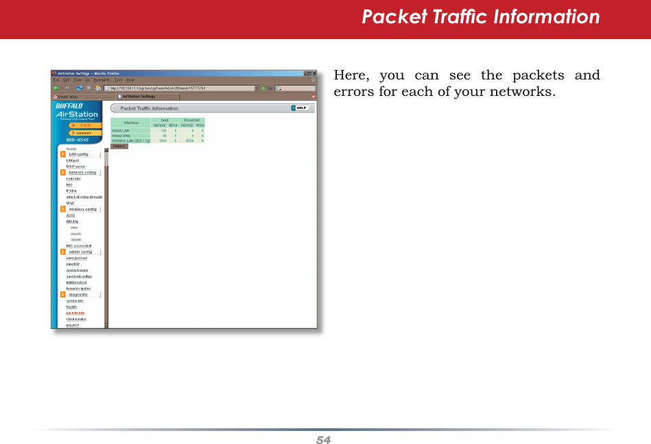 54Here, you can see the packets and errors for each of your networks.Packet Trafﬁ c Information