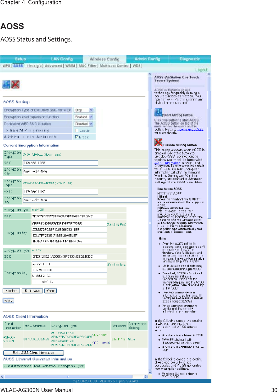 WLAE-AG300N User Manual 30AOSSßÑÍÍ Í¬¿¬«- ¿²¼ Í»¬¬·²¹-ò