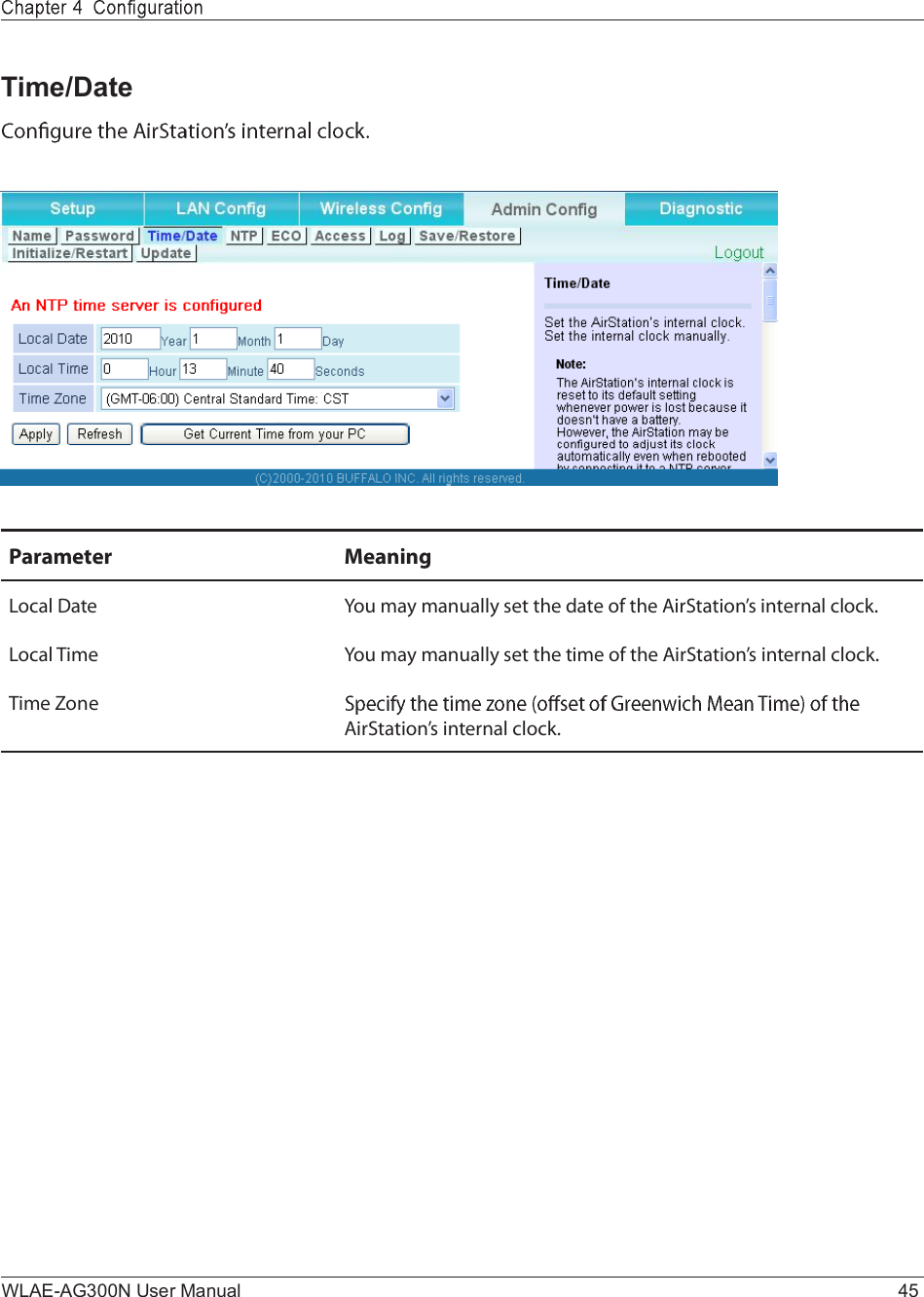 WLAE-AG300N User Manual 45Time/DateÐ¿®¿³»¬»® Ó»¿²·²¹Ô±½¿´ Ü¿¬» Ç±« ³¿§ ³¿²«¿´´§ -»¬ ¬¸» ¼¿¬» ±º ¬¸» ß·®Í¬¿¬·±²Ž- ·²¬»®²¿´ ½´±½µòÔ±½¿´ Ì·³» Ç±« ³¿§ ³¿²«¿´´§ -»¬ ¬¸» ¬·³» ±º ¬¸» ß·®Í¬¿¬·±²Ž- ·²¬»®²¿´ ½´±½µòÌ·³» Æ±²»ß·®Í¬¿¬·±²Ž- ·²¬»®²¿´ ½´±½µò