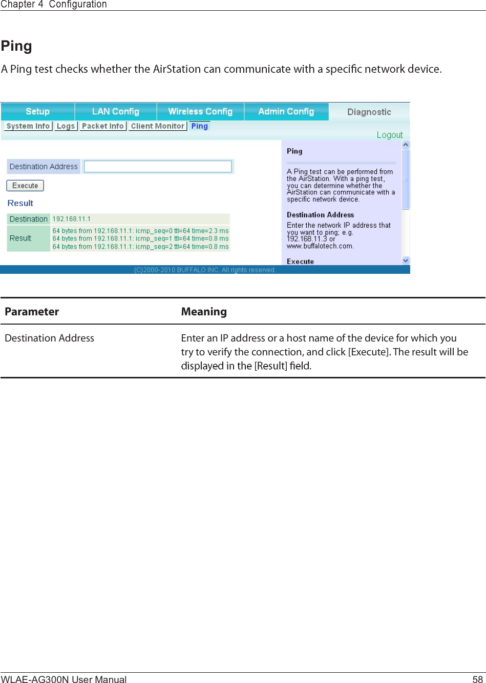 WLAE-AG300N User Manual 58PingÐ¿®¿³»¬»® Ó»¿²·²¹Ü»-¬·²¿¬·±² ß¼¼®»-- Û²¬»® ¿² ×Ð ¿¼¼®»-- ±® ¿ ¸±-¬ ²¿³» ±º ¬¸» ¼»ª·½» º±® ©¸·½¸ §±« ¬®§ ¬± ª»®·º§ ¬¸» ½±²²»½¬·±²ô ¿²¼ ½´·½µ ÅÛ¨»½«¬»Ãò Ì¸» ®»-«´¬ ©·´´ ¾» 