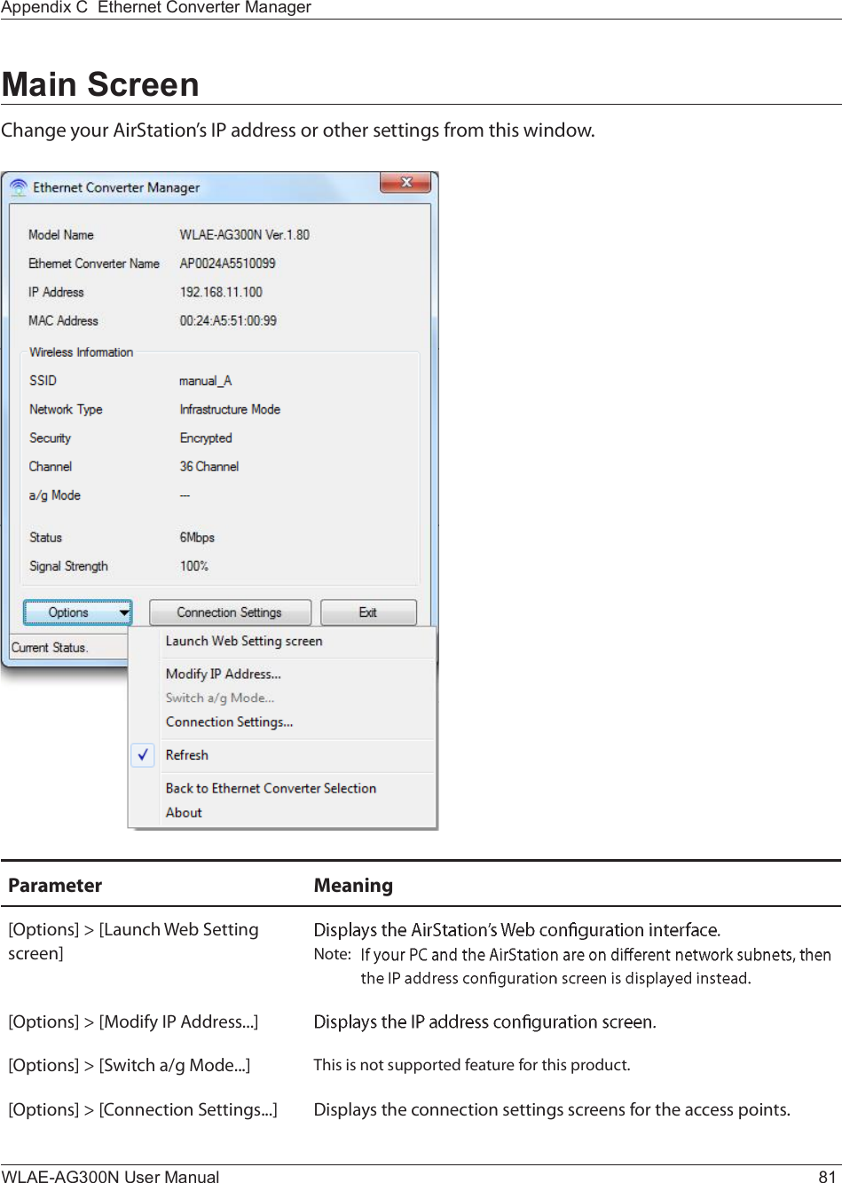 Appendix C  Ethernet Converter ManagerWLAE-AG300N User Manual 81Main ScreenÝ¸¿²¹» §±«® ß·®Í¬¿¬·±²Ž- ×Ð ¿¼¼®»-- ±® ±¬¸»® -»¬¬·²¹- º®±³ ¬¸·- ©·²¼±©òÐ¿®¿³»¬»® Ó»¿²·²¹ÅÑ°¬·±²-Ã â ÅÔ¿«²½¸ É»¾ Í»¬¬·²¹ -½®»»²Ã Ò±¬»æÅÑ°¬·±²-Ã â ÅÓ±¼·º§ ×Ð ß¼¼®»--òòòÃÅÑ°¬·±²-Ã â ÅÍ©·¬½¸ ¿ñ¹ Ó±¼»òòòÃ Ì¸·- ·- ²±¬ -«°°±®¬»¼ º»¿¬«®» º±® ¬¸·- °®±¼«½¬òÅÑ°¬·±²-Ã â ÅÝ±²²»½¬·±² Í»¬¬·²¹-òòòÃ Ü·-°´¿§- ¬¸» ½±²²»½¬·±² -»¬¬·²¹- -½®»»²- º±® ¬¸» ¿½½»-- °±·²¬-ò