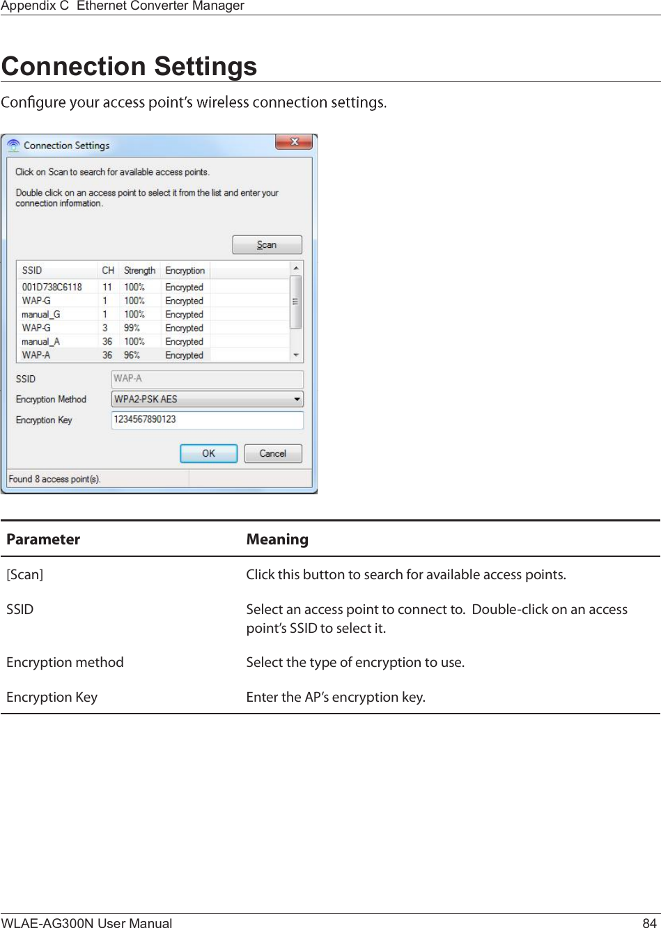 WLAE-AG300N User Manual 84Appendix C  Ethernet Converter ManagerConnection SettingsÐ¿®¿³»¬»® Ó»¿²·²¹ÅÍ½¿²Ã Ý´·½µ ¬¸·- ¾«¬¬±² ¬± -»¿®½¸ º±® ¿ª¿·´¿¾´» ¿½½»-- °±·²¬-òÍÍ×Ü Í»´»½¬ ¿² ¿½½»-- °±·²¬ ¬± ½±²²»½¬ ¬±ò  Ü±«¾´»ó½´·½µ ±² ¿² ¿½½»-- °±·²¬Ž- ÍÍ×Ü ¬± -»´»½¬ ·¬òÛ²½®§°¬·±² ³»¬¸±¼ Í»´»½¬ ¬¸» ¬§°» ±º »²½®§°¬·±² ¬± «-»òÛ²½®§°¬·±² Õ»§ Û²¬»® ¬¸» ßÐŽ- »²½®§°¬·±² µ»§ò