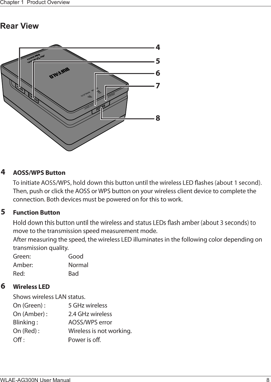 ìéëèêWLAE-AG300N User Manual 8Chapter 1  Product OverviewRear ViewìßÑÍÍñÉÐÍ Þ«¬¬±²Ì¸»²ô °«-¸ ±® ½´·½µ ¬¸» ßÑÍÍ ±® ÉÐÍ ¾«¬¬±² ±² §±«® ©·®»´»-- ½´·»²¬ ¼»ª·½» ¬± ½±³°´»¬» ¬¸» ½±²²»½¬·±²ò Þ±¬¸ ¼»ª·½»- ³«-¬ ¾» °±©»®»¼ ±² º±® ¬¸·- ¬± ©±®µòëÚ«²½¬·±² Þ«¬¬±²³±ª» ¬± ¬¸» ¬®¿²-³·--·±² -°»»¼ ³»¿-«®»³»²¬ ³±¼»òßº¬»® ³»¿-«®·²¹ ¬¸» -°»»¼ô ¬¸» ©·®»´»-- ÔÛÜ ·´´«³·²¿¬»- ·² ¬¸» º±´´±©·²¹ ½±´±® ¼»°»²¼·²¹ ±² ¬®¿²-³·--·±² ¯«¿´·¬§òÙ®»»²æ  Ù±±¼ß³¾»®æ  Ò±®³¿´Î»¼æ  Þ¿¼êÉ·®»´»-- ÔÛÜÍ¸±©- ©·®»´»-- ÔßÒ -¬¿¬«-òÑ² øÙ®»»²÷ æ  ë ÙØ¦ ©·®»´»--Ñ² øß³¾»®÷ æ  îòì ÙØ¦ ©·®»´»--Þ´·²µ·²¹ æ  ßÑÍÍñÉÐÍ »®®±®Ñ² øÎ»¼÷ æ  É·®»´»-- ·- ²±¬ ©±®µ·²¹ò