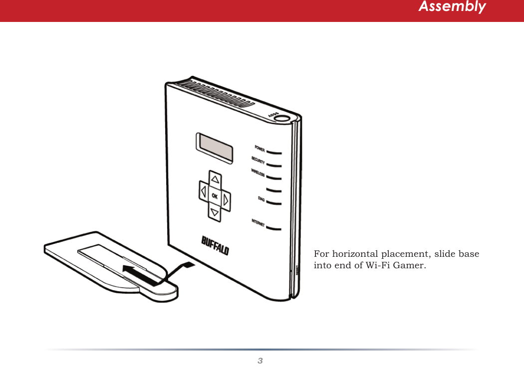 3AssemblyFor horizontal placement, slide base into end of Wi-Fi Gamer.