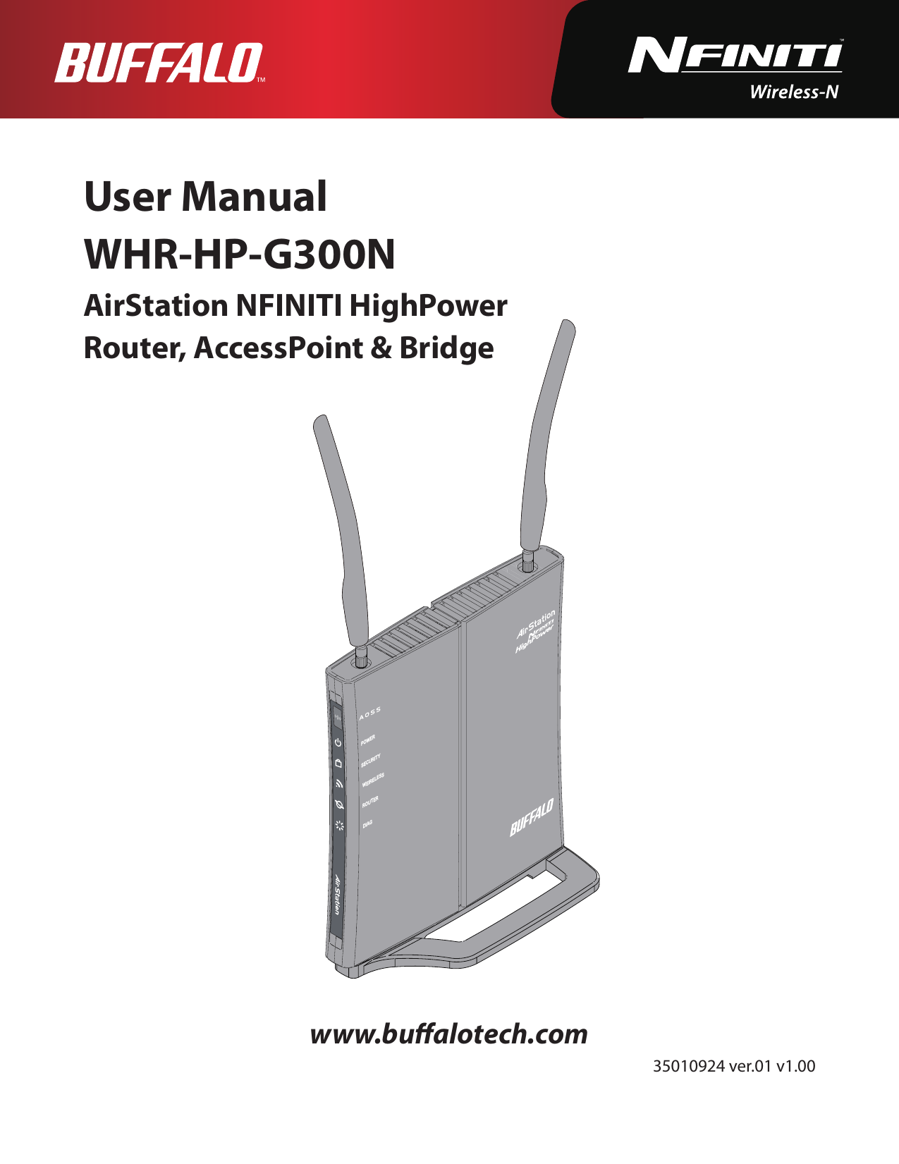 User ManualWHR-HP-G300N AirStation NFINITI HighPower Router, AccessPoint &amp; Bridgewww.bualotech.com35010924 ver.01 v1.00ÐÏ×ÅÒÓÅÃÕÒÉÔÙ×ÅÉÒÅÌÅÓÓÒÏÕÔÅÒÄÉÁÇ