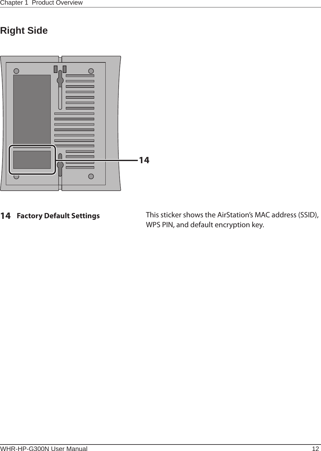 14WHR-HP-G300N User Manual 12Chapter 1  Product OverviewRight Side14  Factory Default Settings     This sticker shows the AirStation’s MAC address (SSID), WPS PIN, and default encryption key.