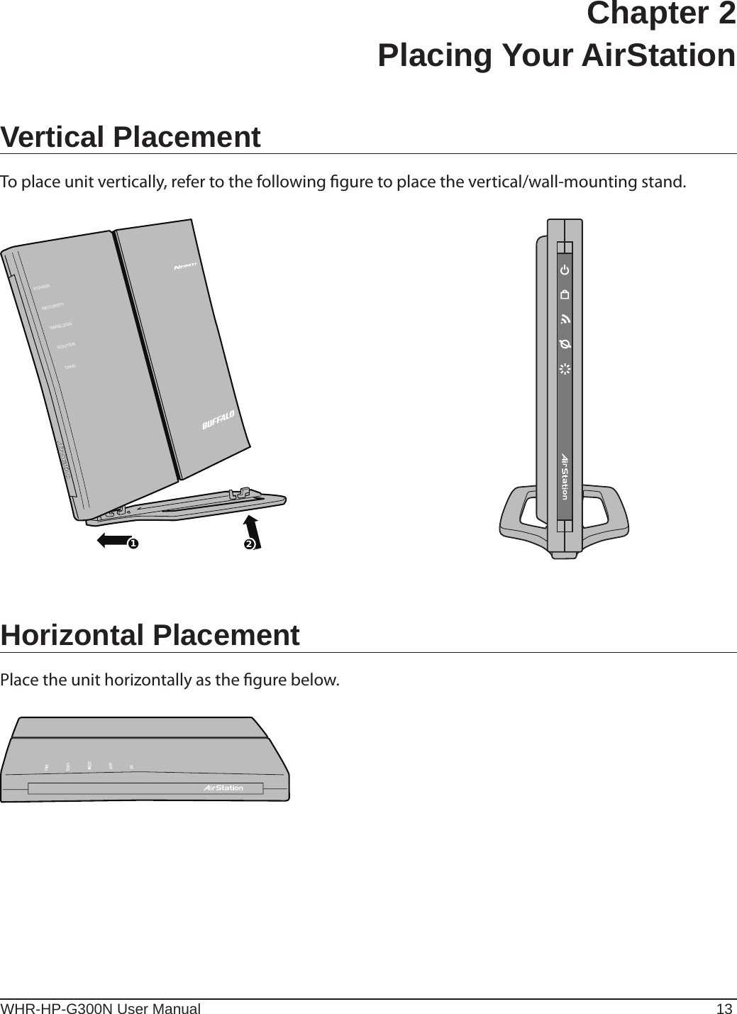 112WHR-HP-G300N User Manual 13Chapter 2  Placing Your AirStationVertical PlacementTo place unit vertically, refer to the following gure to place the vertical/wall-mounting stand.Horizontal PlacementPlace the unit horizontally as the gure below.