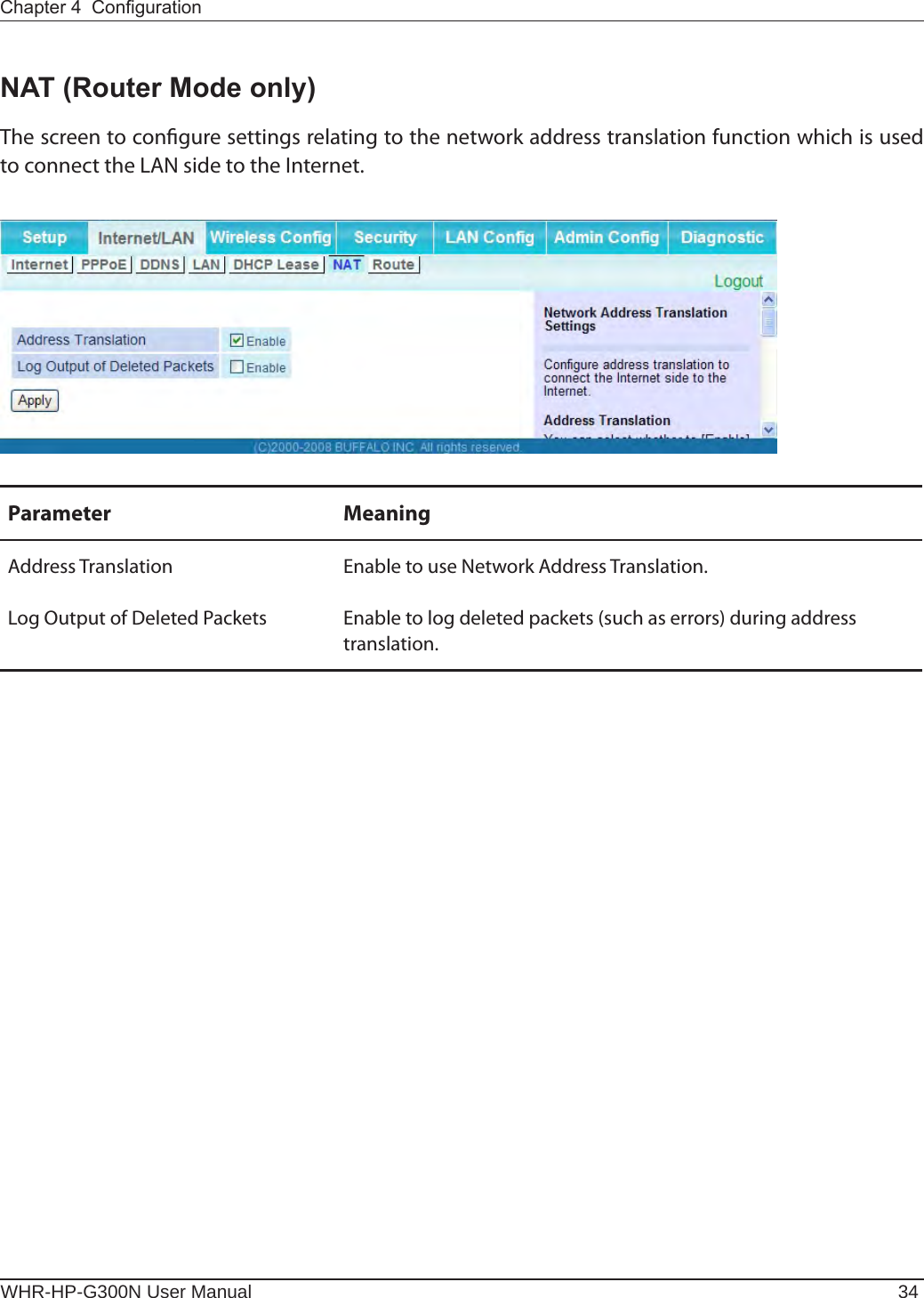 WHR-HP-G300N User Manual 34Chapter 4  CongurationNAT (Router Mode only)The screen to congure settings relating to the network address translation function which is used to connect the LAN side to the Internet.Parameter MeaningAddress Translation Enable to use Network Address Translation.Log Output of Deleted Packets Enable to log deleted packets (such as errors) during address translation.