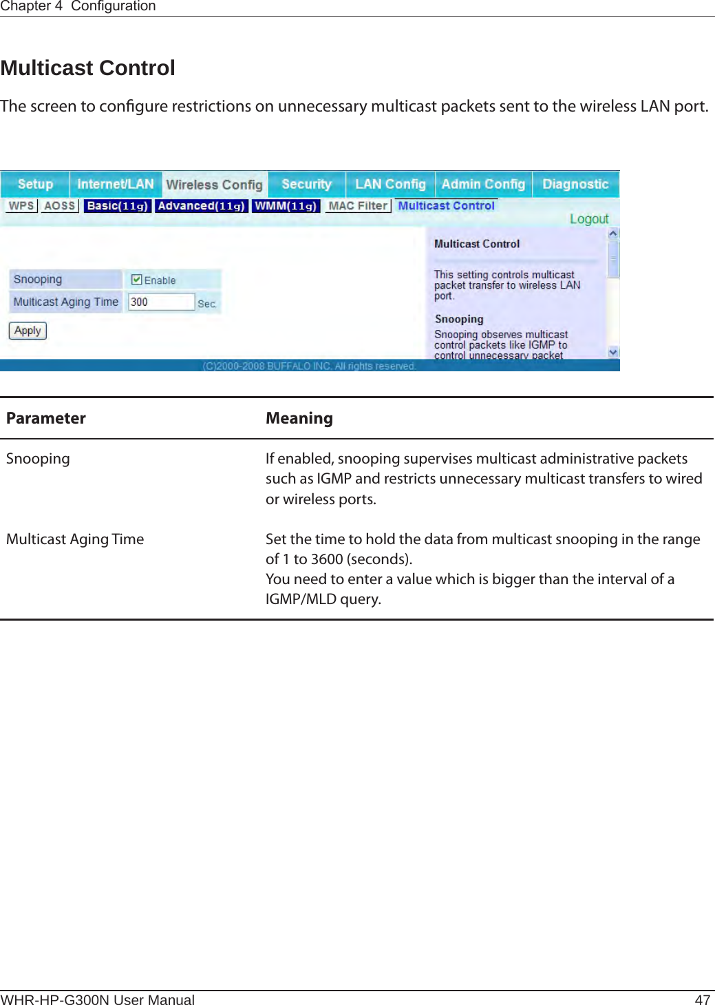 Chapter 4  CongurationWHR-HP-G300N User Manual 47Multicast ControlThe screen to congure restrictions on unnecessary multicast packets sent to the wireless LAN port.Parameter MeaningSnooping If enabled, snooping supervises multicast administrative packets such as IGMP and restricts unnecessary multicast transfers to wired or wireless ports.Multicast Aging Time Set the time to hold the data from multicast snooping in the range of 1 to 3600 (seconds).You need to enter a value which is bigger than the interval of a IGMP/MLD query.