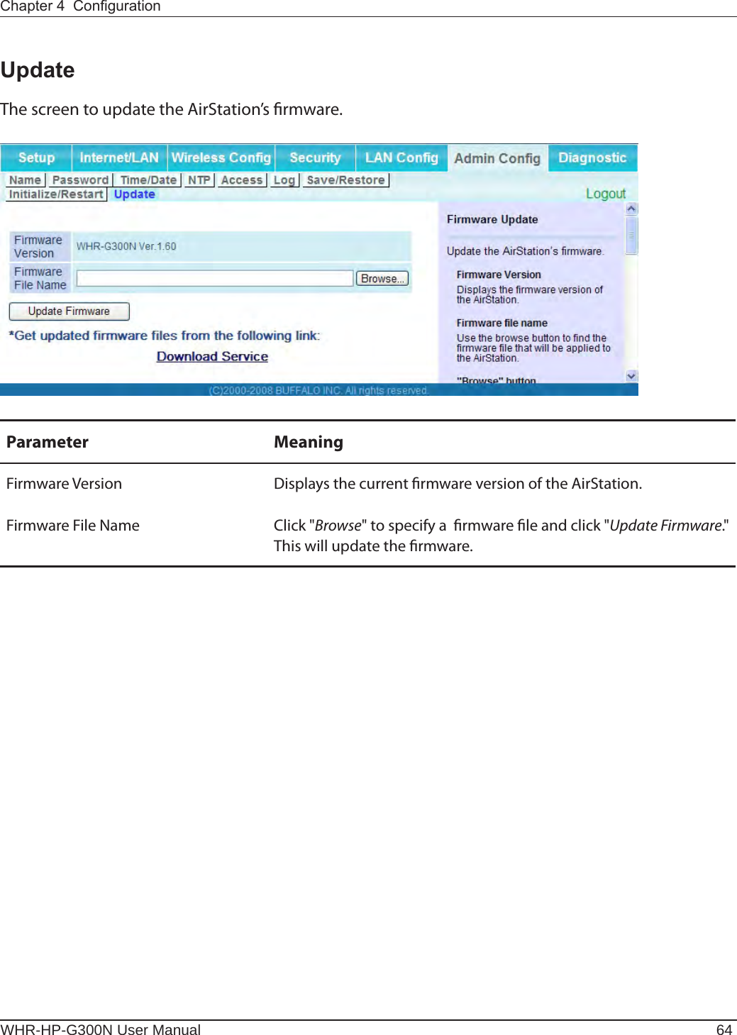 WHR-HP-G300N User Manual 64Chapter 4  CongurationUpdateThe screen to update the AirStation’s rmware.Parameter MeaningFirmware Version Displays the current rmware version of the AirStation.Firmware File Name Click &quot;Browse&quot; to specify a  rmware le and click &quot;Update Firmware.&quot;  This will update the rmware.