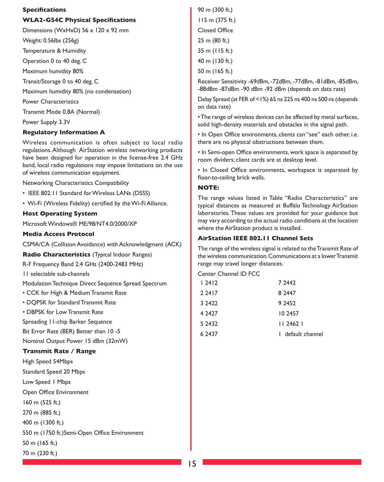 15SpeciﬁcationsWLA2-G54C Physical Speciﬁcations Dimensions (WxHxD) 56 x 120 x 92 mm Weight: 0.56lbs (256g)Temperature &amp; HumidityOperation 0 to 40 deg. CMaximum humidity 80%Transit/Storage 0 to 40 deg. CMaximum humidity 80% (no condensation)Power CharacteristicsTransmit Mode 0.8A (Normal)Power Supply 3.3VRegulatory Information AWireless communication  is  often  subject to  local  radio regulations. Although  AirStation wireless networking products have been designed for operation in the license-free 2.4 GHz band, local radio regulations may impose limitations on the use of wireless communication equipment. Networking Characteristics Compatibility •  IEEE 802.11 Standard for Wireless LANs (DSSS)•  Wi-Fi (Wireless Fidelity) certiﬁed by the Wi-Fi Alliance.Host Operating SystemMicrosoft Windows® ME/98/NT4.0/2000/XPMedia Access ProtocolCSMA/CA (Collision Avoidance) with Acknowledgment (ACK) Radio Characteristics (Typical Indoor Ranges)R-F Frequency Band 2.4 GHz (2400-2483 MHz)11 selectable sub-channels Modulation Technique Direct Sequence Spread Spectrum• CCK for High &amp; Medium Transmit Rate• DQPSK for Standard Transmit Rate• DBPSK for Low Transmit RateSpreading 11-chip Barker SequenceBit Error Rate (BER) Better than 10 -5Nominal Output Power 15 dBm (32mW)Transmit Rate / RangeHigh Speed 54MbpsStandard Speed 20 MbpsLow Speed 1 MbpsOpen Ofﬁce Environment 160 m (525 ft.)270 m (885 ft.)400 m (1300 ft.)550 m (1750 ft.)Semi-Open Ofﬁce Environment50 m (165 ft.)70 m (230 ft.)90 m (300 ft.)115 m (375 ft.)Closed Ofﬁce 25 m (80 ft.)35 m (115 ft.)40 m (130 ft.)50 m (165 ft.)Receiver Sensitivity -69dBm, -72dBm, -77dBm, -81dBm, -85dBm, -88dBm -87dBm -90 dBm -92 dBm (depends on data rate)Delay Spread (at FER of &lt;1%) 65 ns 225 ns 400 ns 500 ns (depends on data rate)• The range of wireless devices can be affected by metal surfaces, solid high-density materials and obstacles in the signal path. • In Open Ofﬁce environments, clients can “see” each other, i.e. there are no physical obstructions between them.• In Semi-open Ofﬁce environments, work space is separated by room dividers; client cards are at desktop level.•  In  Closed Ofﬁce  environments,  workspace  is  separated  by ﬂoor-to-ceiling brick walls.NOTE:The  range  values listed  in Table “Radio  Characteristics”  are typical distances as measured at Buffalo Technology AirStation laboratories. These values are provided for your guidance but may vary according to the actual radio conditions at the location where the AirStation product is installed. AirStation IEEE 802.11 Channel Sets The range of the wireless signal is related to the Transmit Rate of the wireless communication. Communications at a lower Transmit range may travel longer distances. Center Channel ID FCC1 24122 24173 24224 24275 24326 24377 24428 24479 245210 2457 11 2462 1 1  default channel