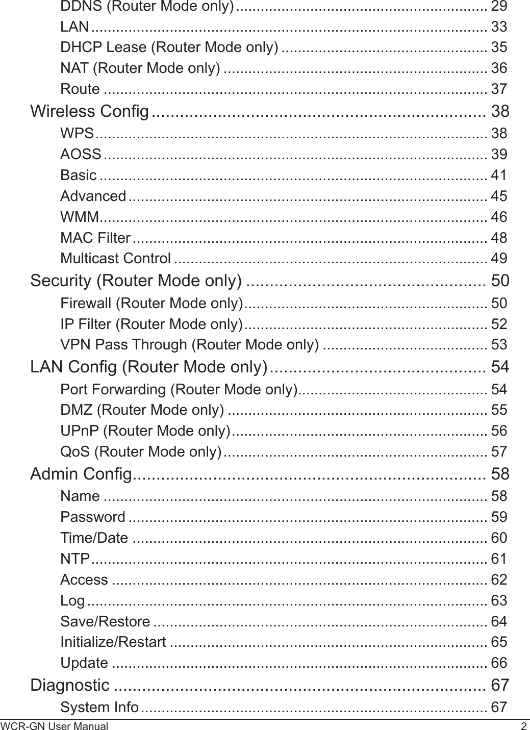 WCR-GN User Manual 2DDNS (Router Mode only) ............................................................. 29LAN ................................................................................................ 33DHCP Lease (Router Mode only) .................................................. 35NAT (Router Mode only) ................................................................ 36Route ............................................................................................. 37Wireless Cong ....................................................................... 38WPS ............................................................................................... 38AOSS ............................................................................................. 39Basic .............................................................................................. 41Advanced ....................................................................................... 45WMM .............................................................................................. 46MAC Filter ...................................................................................... 48Multicast Control ............................................................................ 49Security (Router Mode only) ................................................... 50Firewall (Router Mode only) ........................................................... 50IP Filter (Router Mode only) ........................................................... 52VPN Pass Through (Router Mode only) ........................................ 53LAN Cong (Router Mode only) .............................................. 54Port Forwarding (Router Mode only) .............................................. 54DMZ (Router Mode only) ............................................................... 55UPnP (Router Mode only) .............................................................. 56QoS (Router Mode only) ................................................................ 57Admin Cong ........................................................................... 58Name ............................................................................................. 58Password ....................................................................................... 59Time/Date ...................................................................................... 60NTP ................................................................................................ 61Access ........................................................................................... 62Log ................................................................................................. 63Save/Restore ................................................................................. 64Initialize/Restart ............................................................................. 65Update ........................................................................................... 66Diagnostic ............................................................................... 67System Info .................................................................................... 67