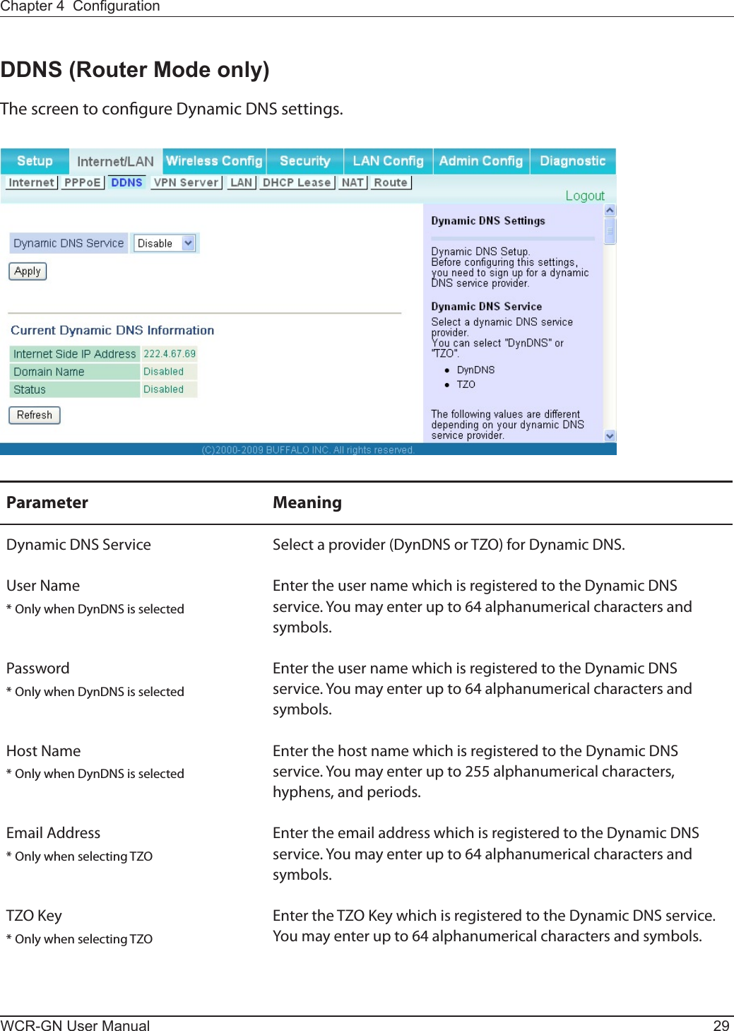 Chapter 4  CongurationWCR-GN User Manual 29DDNS (Router Mode only)The screen to congure Dynamic DNS settings.Parameter MeaningDynamic DNS Service Select a provider (DynDNS or TZO) for Dynamic DNS.User Name* Only when DynDNS is selectedEntertheusernamewhichisregisteredtotheDynamicDNSservice.Youmayenterupto64alphanumericalcharactersandsymbols.Password* Only when DynDNS is selectedEntertheusernamewhichisregisteredtotheDynamicDNSservice.Youmayenterupto64alphanumericalcharactersandsymbols.Host Name* Only when DynDNS is selectedEnterthehostnamewhichisregisteredtotheDynamicDNSservice. You may enter up to 255 alphanumerical characters, hyphens, and periods.EmailAddress* Only when selecting TZOEntertheemailaddresswhichisregisteredtotheDynamicDNSservice.Youmayenterupto64alphanumericalcharactersandsymbols.TZOKey* Only when selecting TZOEntertheTZOKeywhichisregisteredtotheDynamicDNSservice.Youmayenterupto64alphanumericalcharactersandsymbols.