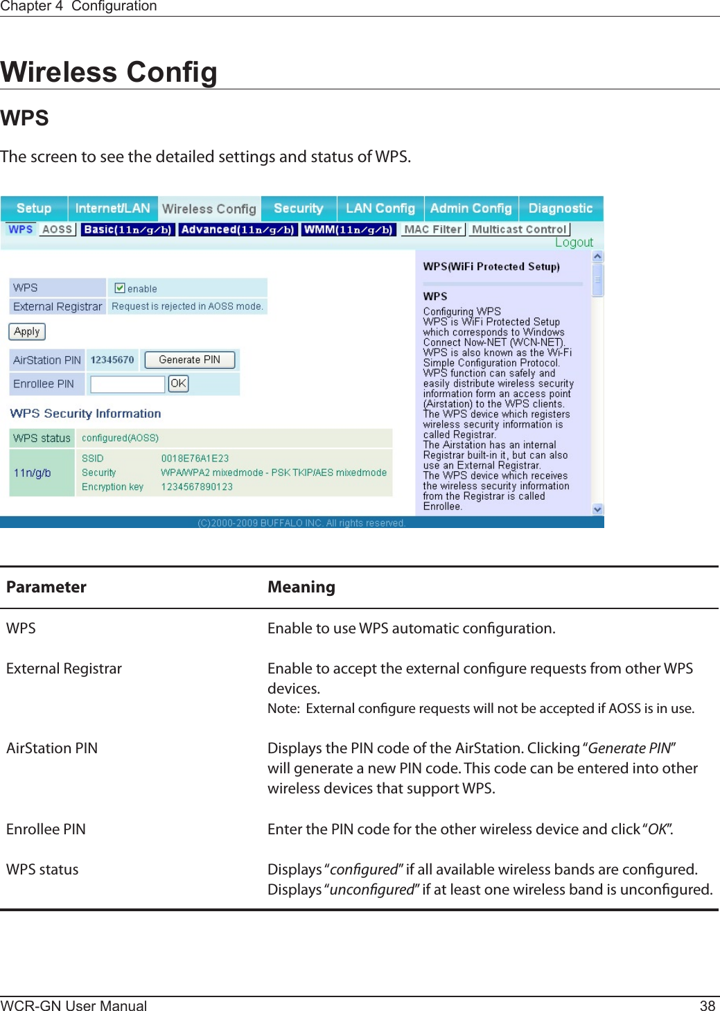 WCR-GN User Manual 38Chapter 4  CongurationWireless CongWPSThe screen to see the detailed settings and status of WPS.Parameter MeaningWPS EnabletouseWPSautomaticconguration.ExternalRegistrar EnabletoaccepttheexternalcongurerequestsfromotherWPSdevices.Note:ExternalcongurerequestswillnotbeacceptedifAOSSisinuse.AirStationPIN DisplaysthePINcodeoftheAirStation.Clicking“Generate PIN”willgenerateanewPINcode.Thiscodecanbeenteredintootherwireless devices that support WPS.EnrolleePIN EnterthePINcodefortheotherwirelessdeviceandclick“OK”.WPS status Displays“congured”ifallavailablewirelessbandsarecongured.Displays“uncongured”ifatleastonewirelessbandisuncongured.