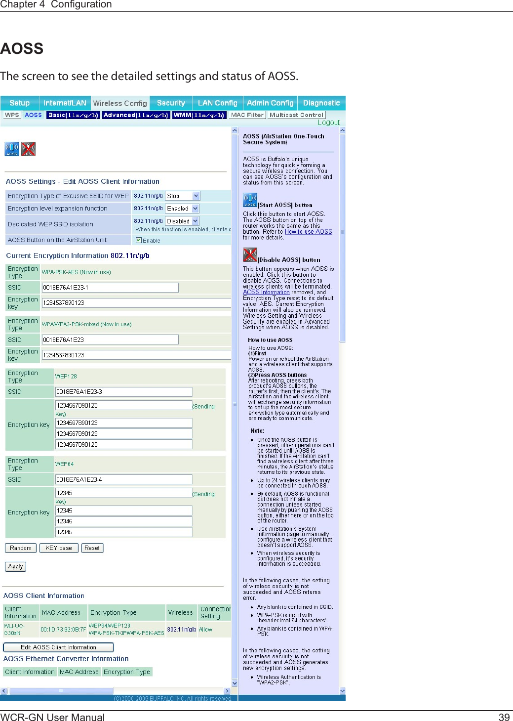 Chapter 4  CongurationWCR-GN User Manual 39AOSSThe screen to see the detailed settings and status of AOSS.