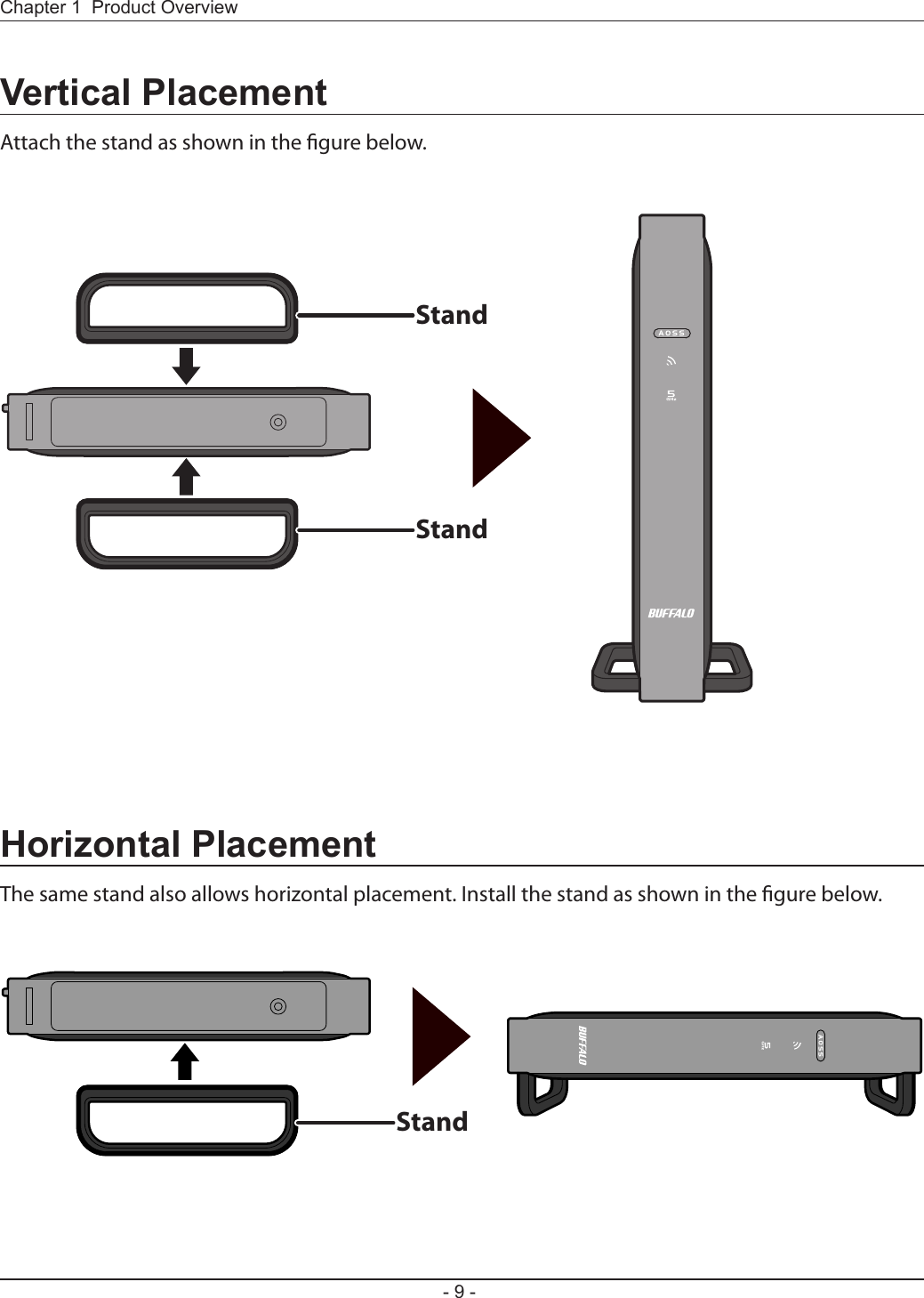 StandStandStandChapter 1  Product Overview- 9 -Vertical PlacementAttach the stand as shown in the gure below.Horizontal PlacementThe same stand also allows horizontal placement. Install the stand as shown in the gure below.