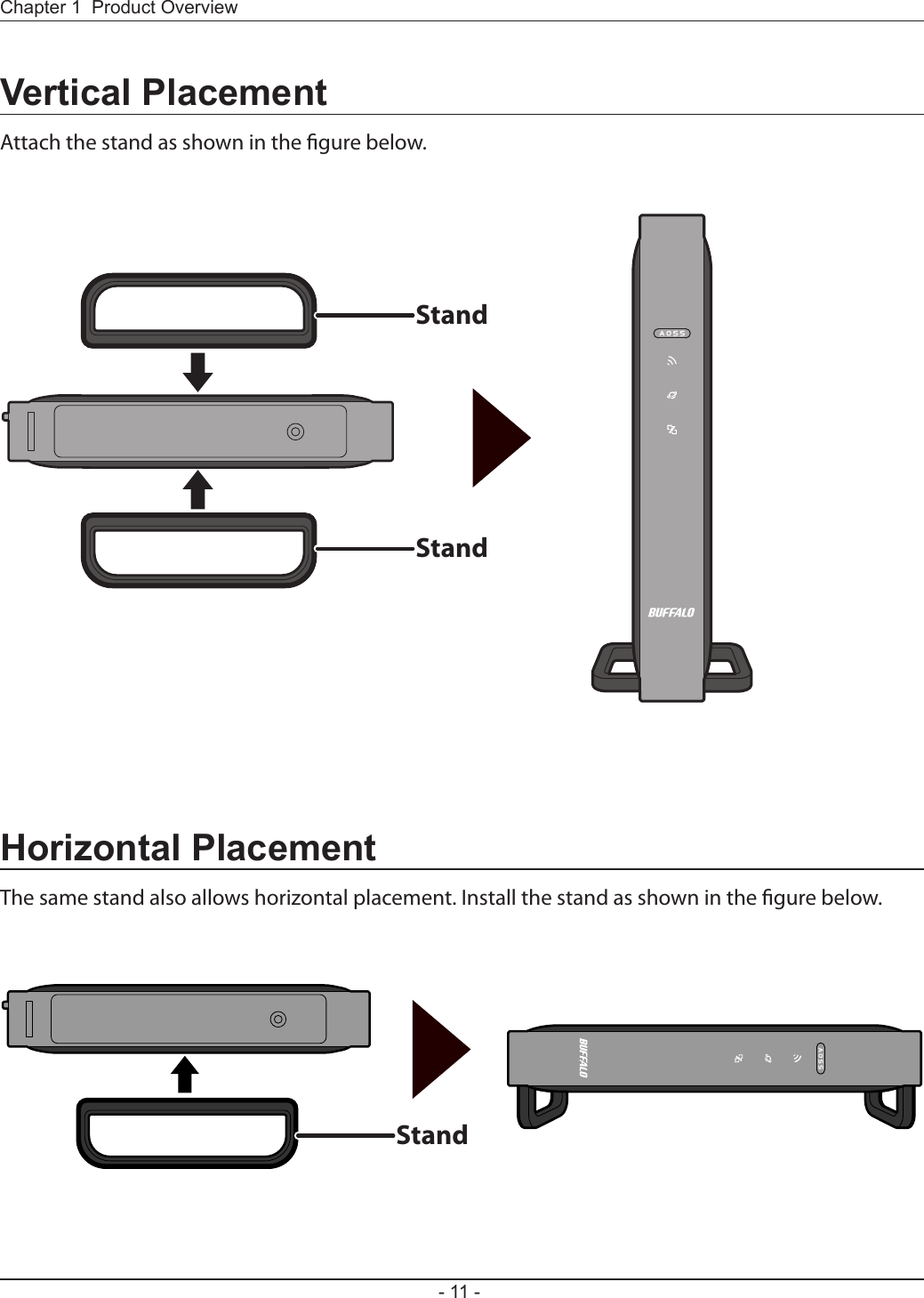 StandStandStandChapter 1  Product Overview- 11 -Vertical PlacementAttach the stand as shown in the gure below.Horizontal PlacementThe same stand also allows horizontal placement. Install the stand as shown in the gure below.