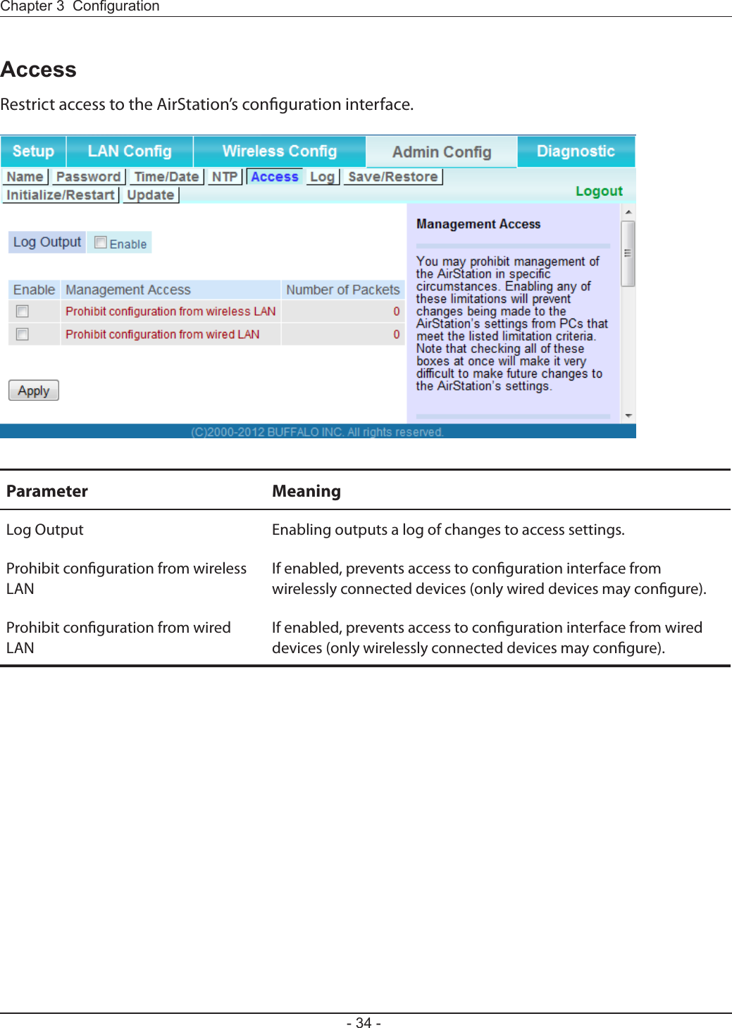 - 34 -Chapter 3  CongurationAccessRestrict access to the AirStation’s conguration interface.Parameter MeaningLog Output Enabling outputs a log of changes to access settings.Prohibit conguration from wireless LANIf enabled, prevents access to conguration interface from wirelessly connected devices (only wired devices may congure).Prohibit conguration from wired LANIf enabled, prevents access to conguration interface from wired devices (only wirelessly connected devices may congure).