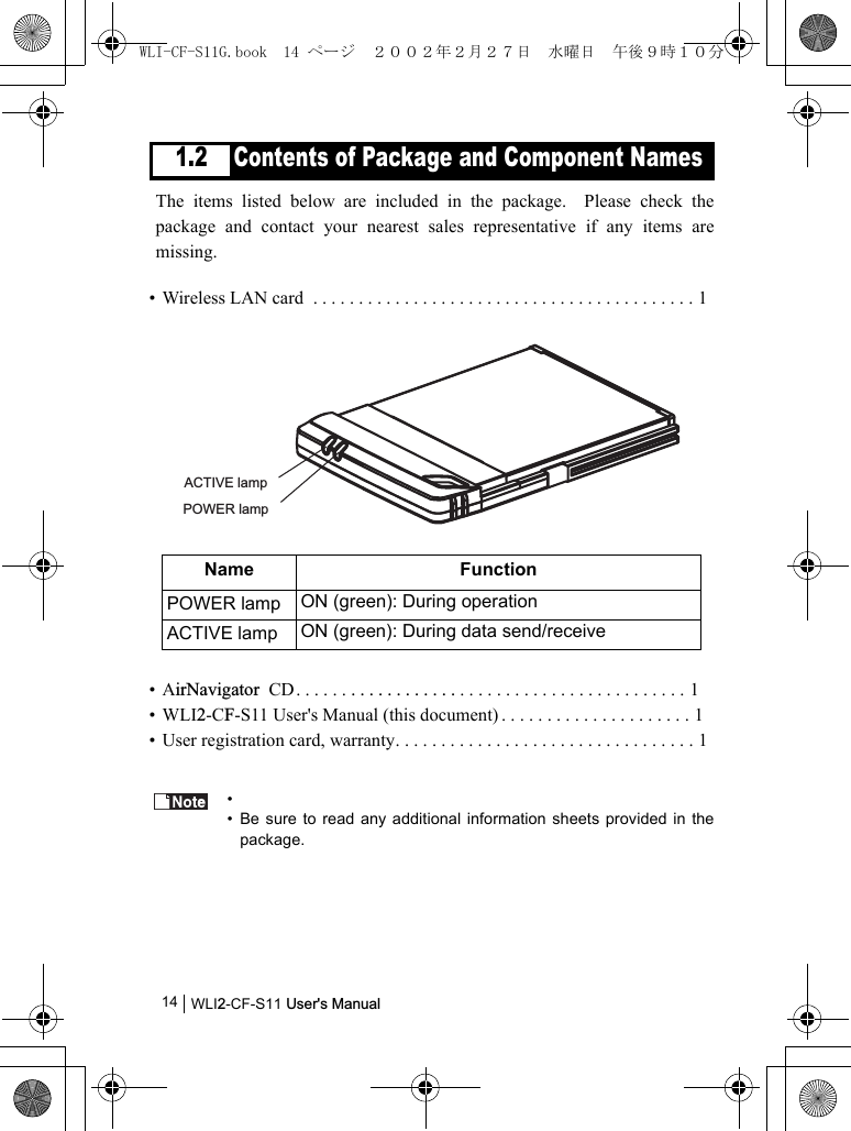 WLI2-CF-S11 User&apos;s Manual141.2 Contents of Package and Component NamesThe items listed below are included in the package.  Please check thepackage and contact your nearest sales representative if any items aremissing.• Wireless LAN card  . . . . . . . . . . . . . . . . . . . . . . . . . . . . . . . . . . . . . . . . . . 1• AirNavigator  CD. . . . . . . . . . . . . . . . . . . . . . . . . . . . . . . . . . . . . . . . . . . 1• WLI2-CF-S11 User&apos;s Manual (this document) . . . . . . . . . . . . . . . . . . . . . 1• User registration card, warranty. . . . . . . . . . . . . . . . . . . . . . . . . . . . . . . . . 1• • Be sure to read any additional information sheets provided in thepackage.Name FunctionPOWER lamp ON (green): During operationACTIVE lamp ON (green): During data send/receiveACTIVE lampPOWER lampWLI-CF-S11G.book  14 ページ  ２００２年２月２７日　水曜日　午後９時１０分