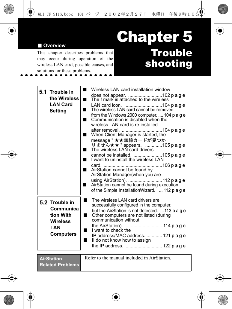 ■Overview Chapter 5Chapter 5TroubleshootingThis chapter describes problems thatmay occur during operation of thewireless LAN card, possible causes, andsolutions for these problems.5.1 Trouble in the Wireless LAN Card Setting■  Wireless LAN card installation windowdoes not appear. ..........................102page■  The ! mark is attached to the wirelessLAN card icon. .............................104page■  The wireless LAN card cannot be removedfrom the Windows 2000 computer. .... 104page■  Communication is disabled when thewireless LAN card is re-installedafter removal. ...............................104page■  When Client Manager is started, themessage &quot; ★★無線カードが見つかりません★★ &quot; appears.  .............105page■  The wireless LAN card driverscannot be installed. ......................105page■  I want to uninstall the wireless LANcard. .............................................106page■  AirStation cannot be found byAirStation Manager(when you areusing AirStation). ..........................112page■  AirStation cannot be found during executionof the Simple InstallationWizard.  ... 112page5.2 Trouble in Communication With Wireless LAN Computers  ■  The wireless LAN card drivers aresuccessfully configured in the computer,but the AirStation is not detected. ...113page■  Other computers are not listed (during communication withoutthe AirStation). ............................. 114page■  I want to check theIP address/MAC address. ............121page■  II do not know how to assignthe IP address. ............................122pageAirStation Related ProblemsRefer to the manual included in AirStation.WLI-CF-S11G.book  101 ページ  ２００２年２月２７日　水曜日　午後９時１０分
