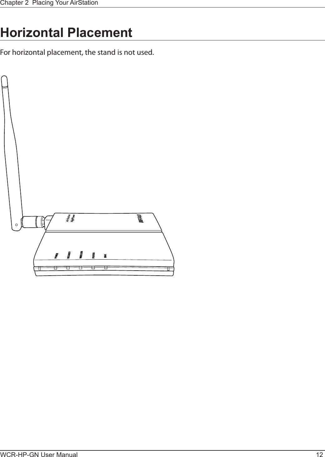 WCR-HP-GN User Manual 12Chapter 2  Placing Your AirStationHorizontal PlacementFor horizontal placement, the stand is not used.