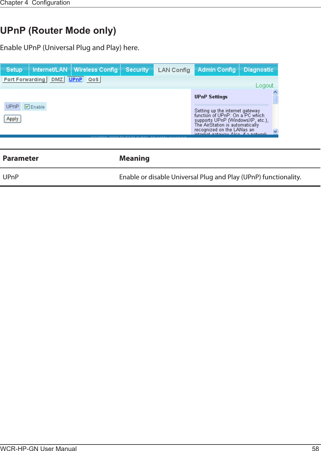 WCR-HP-GN User Manual 58Chapter 4  CongurationUPnP (Router Mode only)Enable UPnP (Universal Plug and Play) here.Parameter MeaningUPnP Enable or disable Universal Plug and Play (UPnP) functionality.