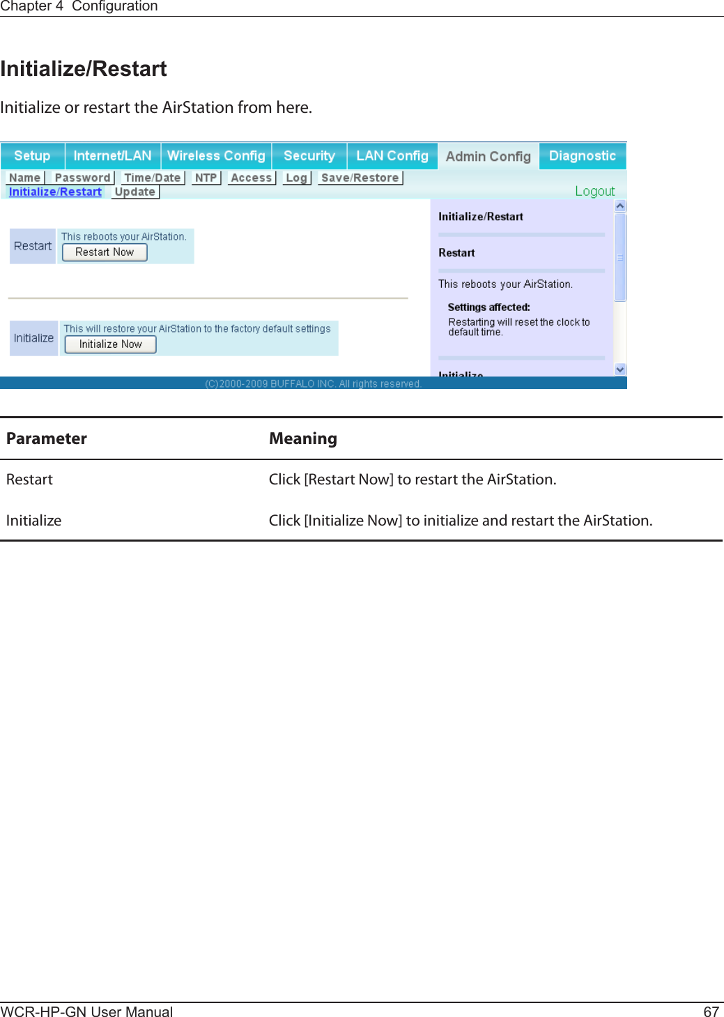 Chapter 4  CongurationWCR-HP-GN User Manual 67Initialize/RestartInitialize or restart the AirStation from here.Parameter MeaningRestart Click [Restart Now] to restart the AirStation.Initialize Click [Initialize Now] to initialize and restart the AirStation.