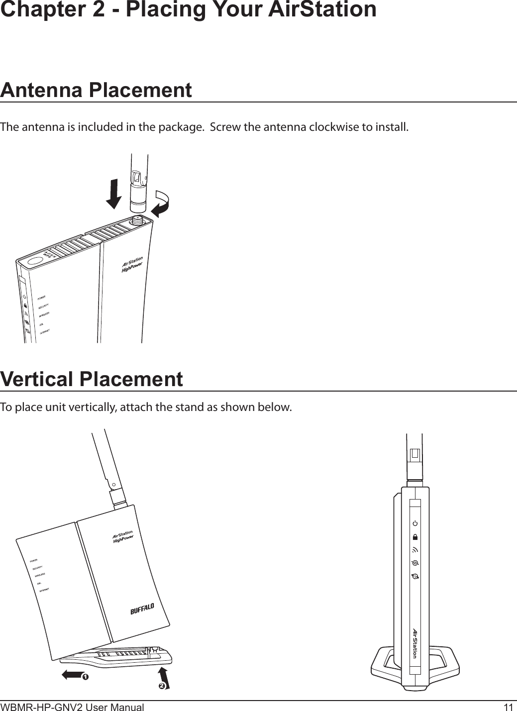 12WBMR-HP-GNV2 User Manual 11Chapter 2 - Placing Your AirStationVertical PlacementTo place unit vertically, attach the stand as shown below.Antenna PlacementThe antenna is included in the package.  Screw the antenna clockwise to install.