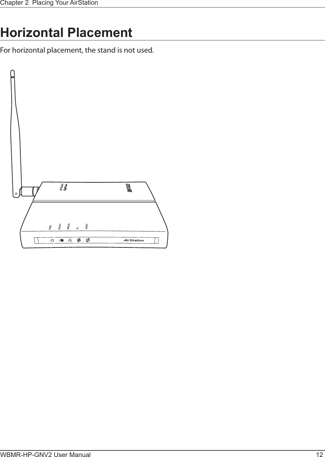 WBMR-HP-GNV2 User Manual 12Chapter 2  Placing Your AirStationHorizontal PlacementFor horizontal placement, the stand is not used.
