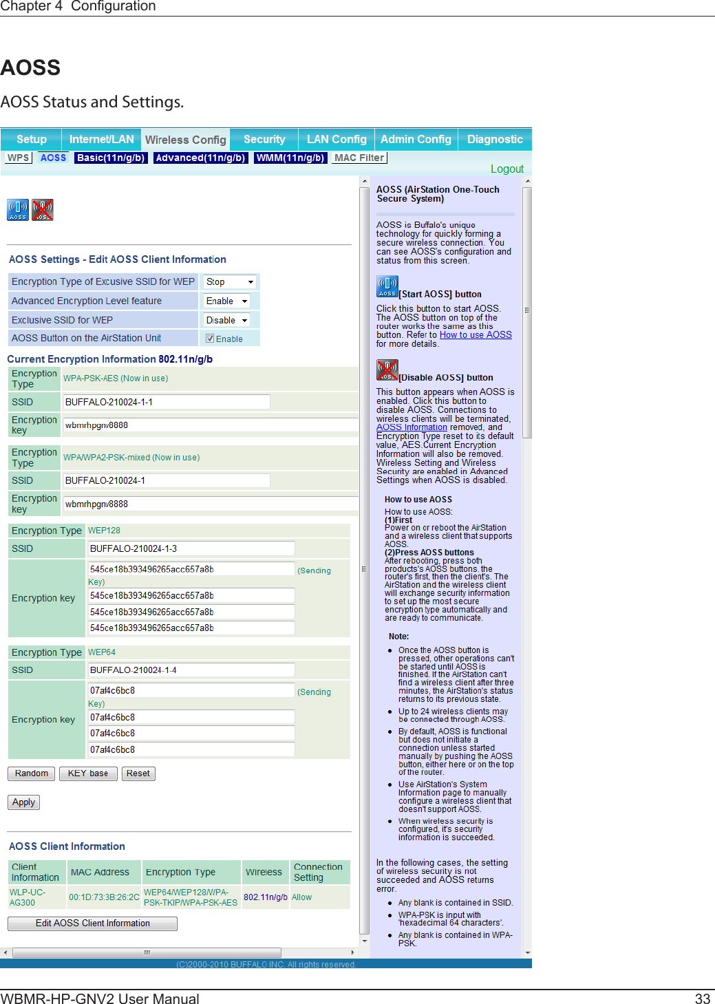 Chapter 4  CongurationWBMR-HP-GNV2 User Manual 33AOSSAOSS Status and Settings.