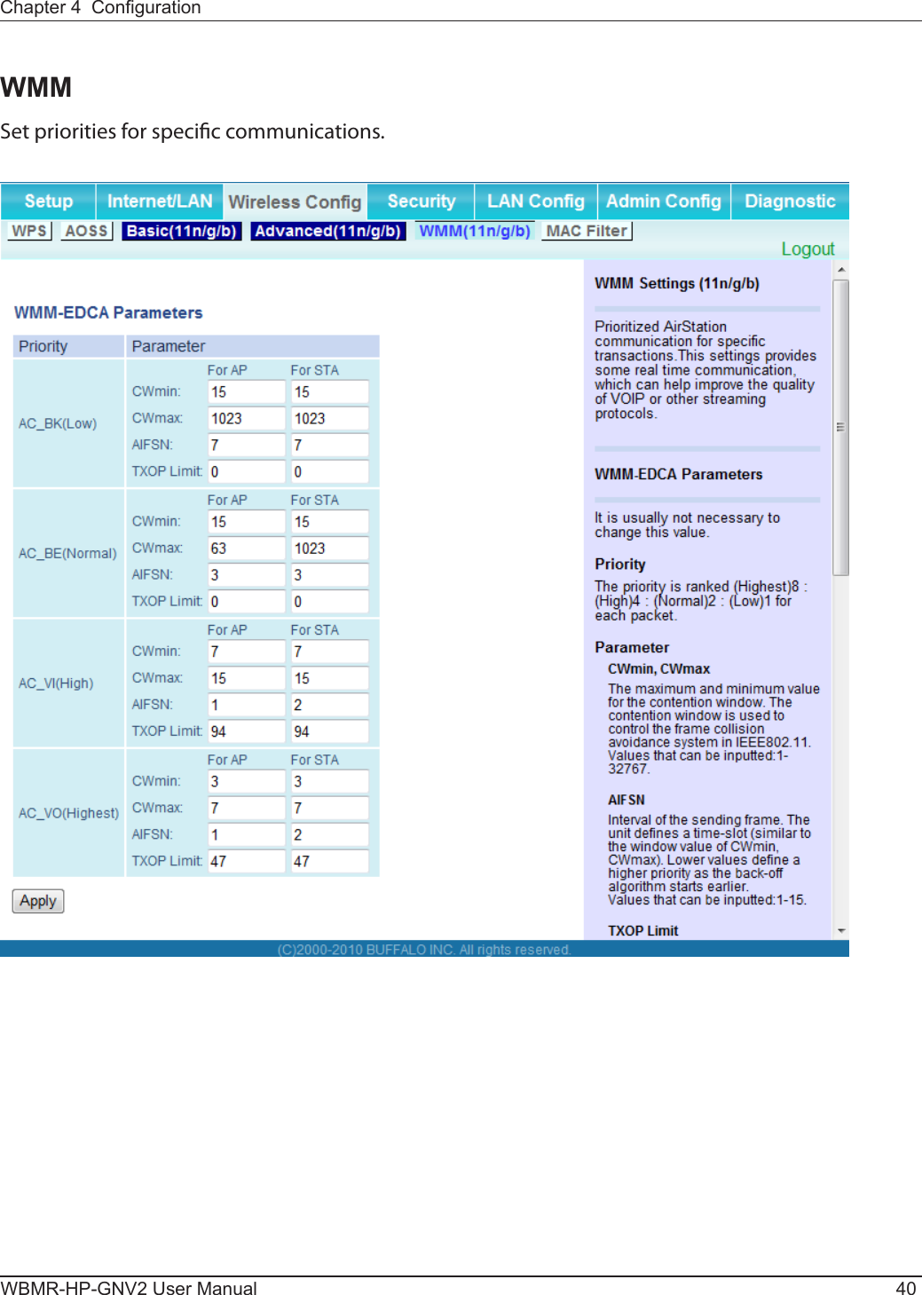 WBMR-HP-GNV2 User Manual 40Chapter 4  CongurationWMMSet priorities for specic communications.