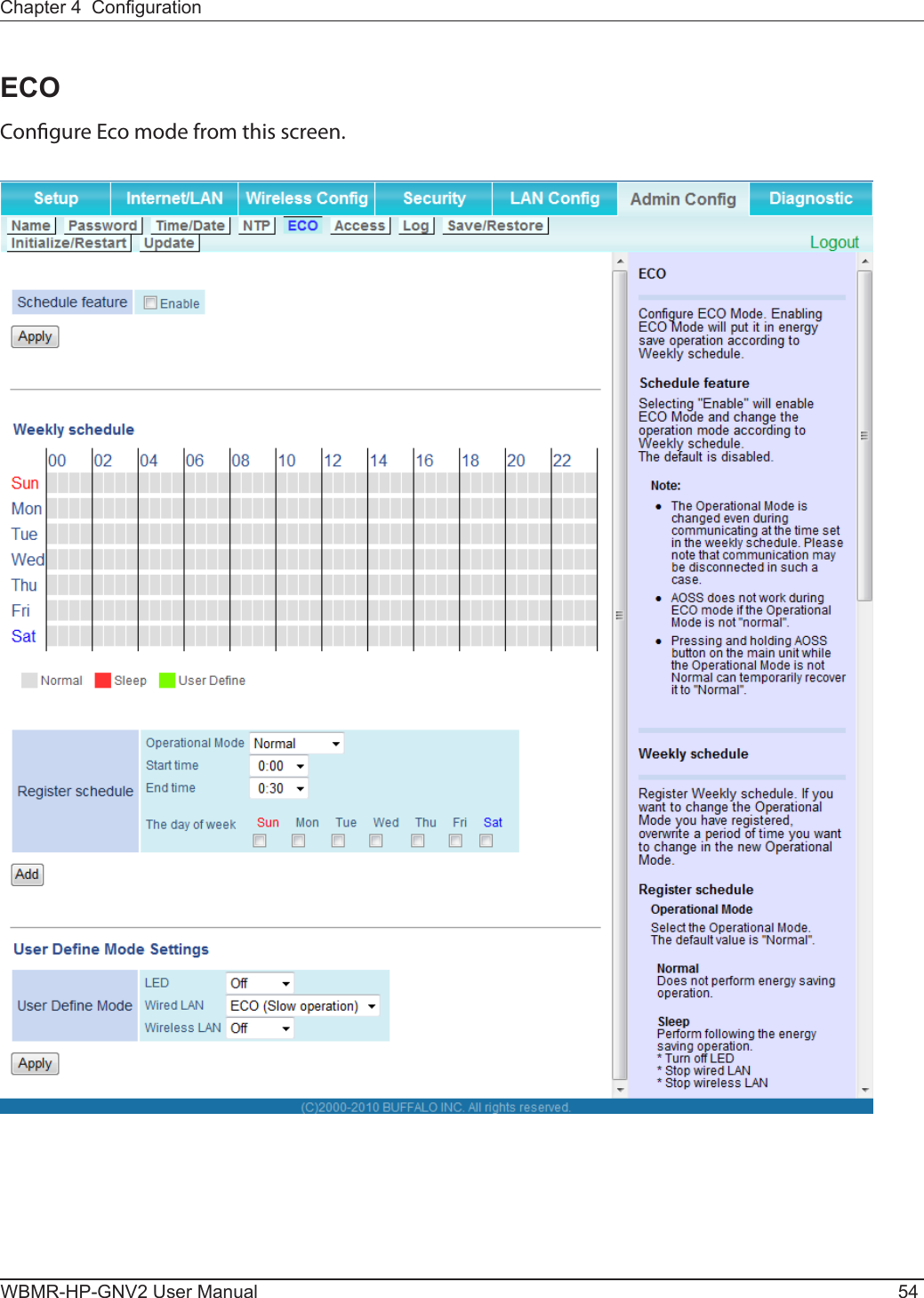 WBMR-HP-GNV2 User Manual 54Chapter 4  CongurationECOCongure Eco mode from this screen.