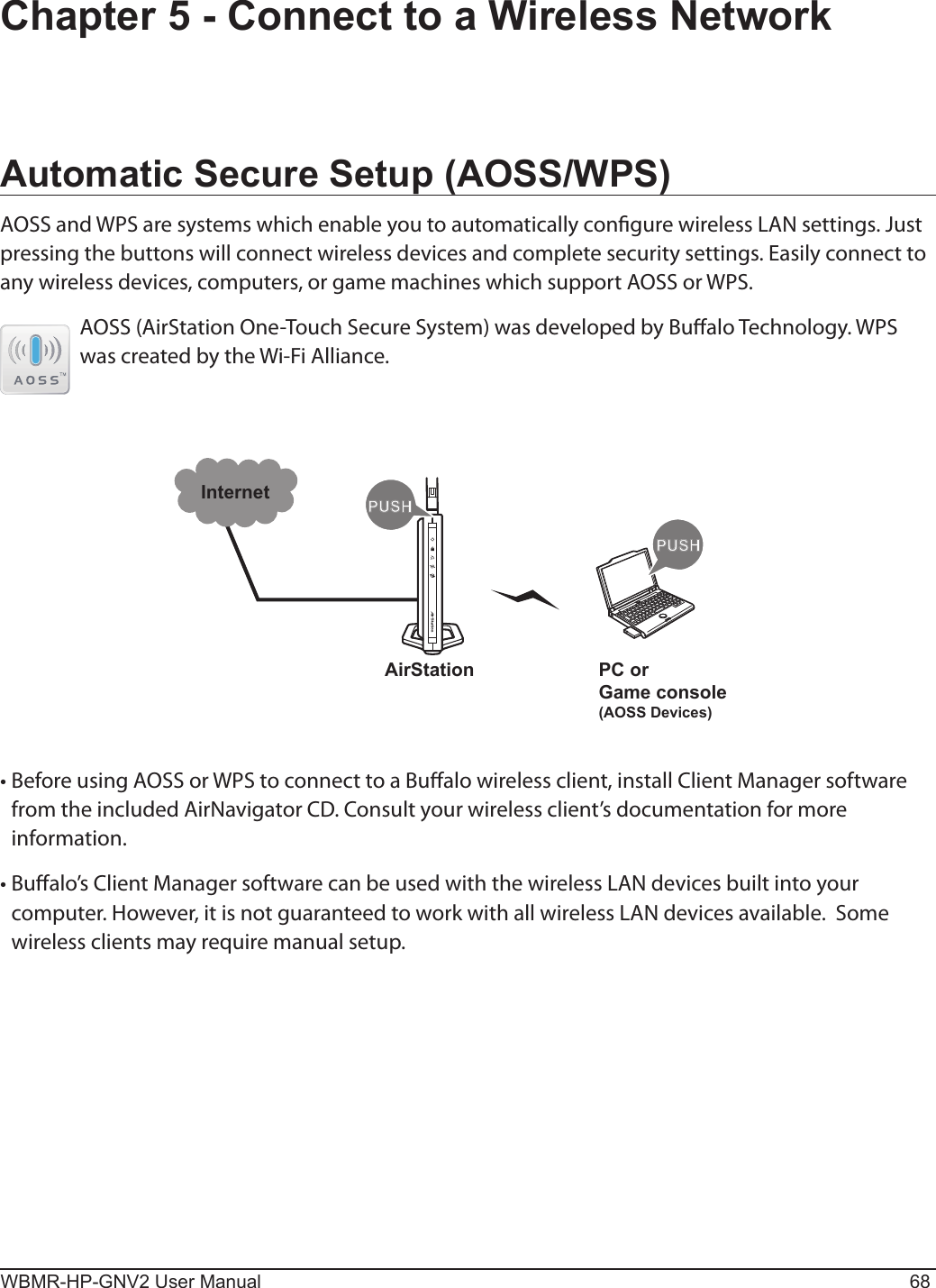 PUSHPUSHInternetAirStation PC orGame console(AOSS Devices)WBMR-HP-GNV2 User Manual 68Chapter 5 - Connect to a Wireless NetworkAutomatic Secure Setup (AOSS/WPS)AOSS and WPS are systems which enable you to automatically congure wireless LAN settings. Just pressing the buttons will connect wireless devices and complete security settings. Easily connect to any wireless devices, computers, or game machines which support AOSS or WPS.AOSS (AirStation One-Touch Secure System) was developed by Bualo Technology. WPS was created by the Wi-Fi Alliance.• Before using AOSS or WPS to connect to a Bualo wireless client, install Client Manager software from the included AirNavigator CD. Consult your wireless client’s documentation for more information.• Bualo’s Client Manager software can be used with the wireless LAN devices built into your computer. However, it is not guaranteed to work with all wireless LAN devices available.  Some wireless clients may require manual setup.