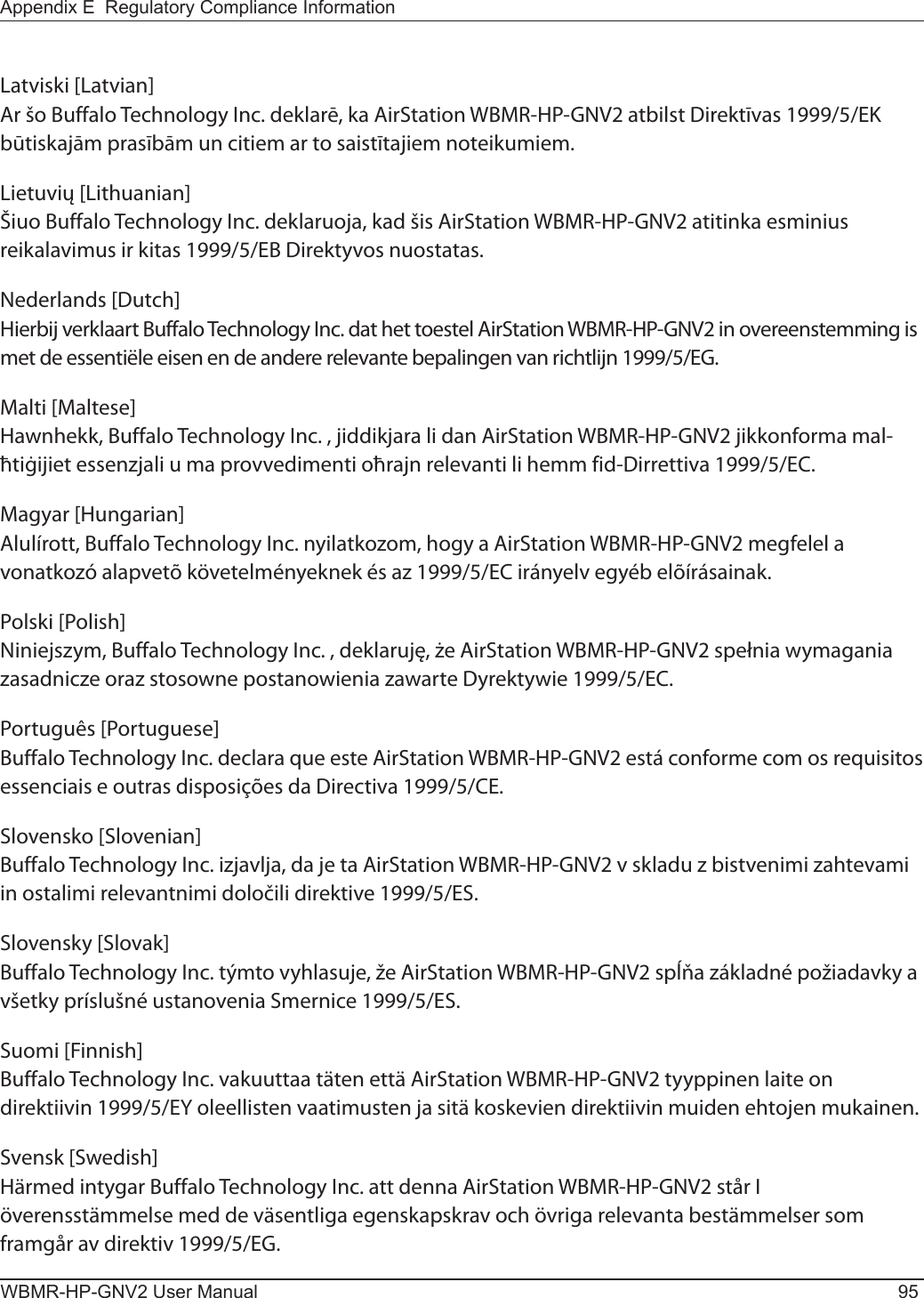 Appendix E  Regulatory Compliance InformationWBMR-HP-GNV2 User Manual 95Latviski [Latvian]Ar šo Buffalo Technology Inc. deklarē, ka AirStation WBMR-HP-GNV2 atbilst Direktīvas 1999/5/EK būtiskajām prasībām un citiem ar to saistītajiem noteikumiem.Lietuvių [Lithuanian]Šiuo Buffalo Technology Inc. deklaruoja, kad šis AirStation WBMR-HP-GNV2 atitinka esminius reikalavimus ir kitas 1999/5/EB Direktyvos nuostatas.Nederlands [Dutch]Hierbij verklaart Buffalo Technology Inc. dat het toestel AirStation WBMR-HP-GNV2 in overeenstemming is met de essentiële eisen en de andere relevante bepalingen van richtlijn 1999/5/EG.Malti [Maltese]Hawnhekk, Buffalo Technology Inc. , jiddikjara li dan AirStation WBMR-HP-GNV2 jikkonforma mal-ħtiġijiet essenzjali u ma provvedimenti oħrajn relevanti li hemm fid-Dirrettiva 1999/5/EC.Magyar [Hungarian]Alulírott, Buffalo Technology Inc. nyilatkozom, hogy a AirStation WBMR-HP-GNV2 megfelel a vonatkozó alapvetõ követelményeknek és az 1999/5/EC irányelv egyéb elõírásainak.Polski [Polish]Niniejszym, Buffalo Technology Inc. , deklaruję, że AirStation WBMR-HP-GNV2 spełnia wymagania zasadnicze oraz stosowne postanowienia zawarte Dyrektywie 1999/5/EC.Português [Portuguese]Buffalo Technology Inc. declara que este AirStation WBMR-HP-GNV2 está conforme com os requisitos essenciais e outras disposições da Directiva 1999/5/CE.Slovensko [Slovenian]Buffalo Technology Inc. izjavlja, da je ta AirStation WBMR-HP-GNV2 v skladu z bistvenimi zahtevami in ostalimi relevantnimi določili direktive 1999/5/ES.Slovensky [Slovak]Buffalo Technology Inc. týmto vyhlasuje, že AirStation WBMR-HP-GNV2 spĺňa základné požiadavky a všetky príslušné ustanovenia Smernice 1999/5/ES.Suomi [Finnish]Buffalo Technology Inc. vakuuttaa täten että AirStation WBMR-HP-GNV2 tyyppinen laite on direktiivin 1999/5/EY oleellisten vaatimusten ja sitä koskevien direktiivin muiden ehtojen mukainen.Svensk [Swedish]Härmed intygar Buffalo Technology Inc. att denna AirStation WBMR-HP-GNV2 står I överensstämmelse med de väsentliga egenskapskrav och övriga relevanta bestämmelser som framgår av direktiv 1999/5/EG.