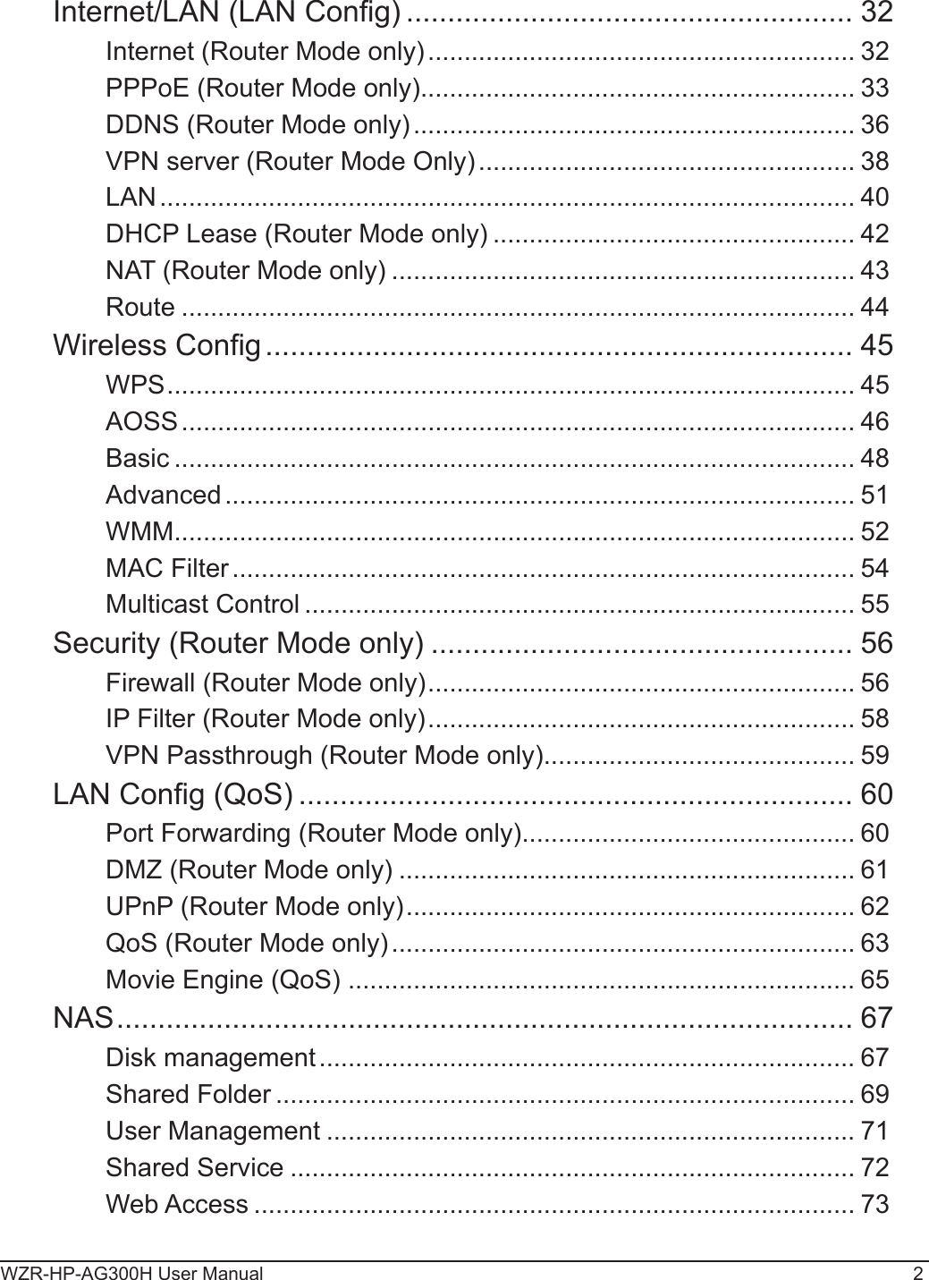 WZR-HP-AG300H User Manual 2Internet/LAN (LAN Cong) ...................................................... 32Internet (Router Mode only) ........................................................... 32PPPoE (Router Mode only) ............................................................ 33DDNS (Router Mode only) ............................................................. 36VPN server (Router Mode Only) .................................................... 38LAN ................................................................................................ 40DHCP Lease (Router Mode only) .................................................. 42NAT (Router Mode only) ................................................................ 43Route ............................................................................................. 44Wireless Cong ....................................................................... 45WPS ............................................................................................... 45AOSS ............................................................................................. 46Basic .............................................................................................. 48Advanced ....................................................................................... 51WMM .............................................................................................. 52MAC Filter ...................................................................................... 54Multicast Control ............................................................................ 55Security (Router Mode only) ................................................... 56Firewall (Router Mode only) ........................................................... 56IP Filter (Router Mode only) ........................................................... 58VPN Passthrough (Router Mode only) ........................................... 59LAN Cong (QoS) ................................................................... 60Port Forwarding (Router Mode only) .............................................. 60DMZ (Router Mode only) ............................................................... 61UPnP (Router Mode only) .............................................................. 62QoS (Router Mode only) ................................................................ 63Movie Engine (QoS)  ...................................................................... 65NAS ......................................................................................... 67Disk management .......................................................................... 67Shared Folder ................................................................................ 69User Management ......................................................................... 71Shared Service .............................................................................. 72Web Access ................................................................................... 73