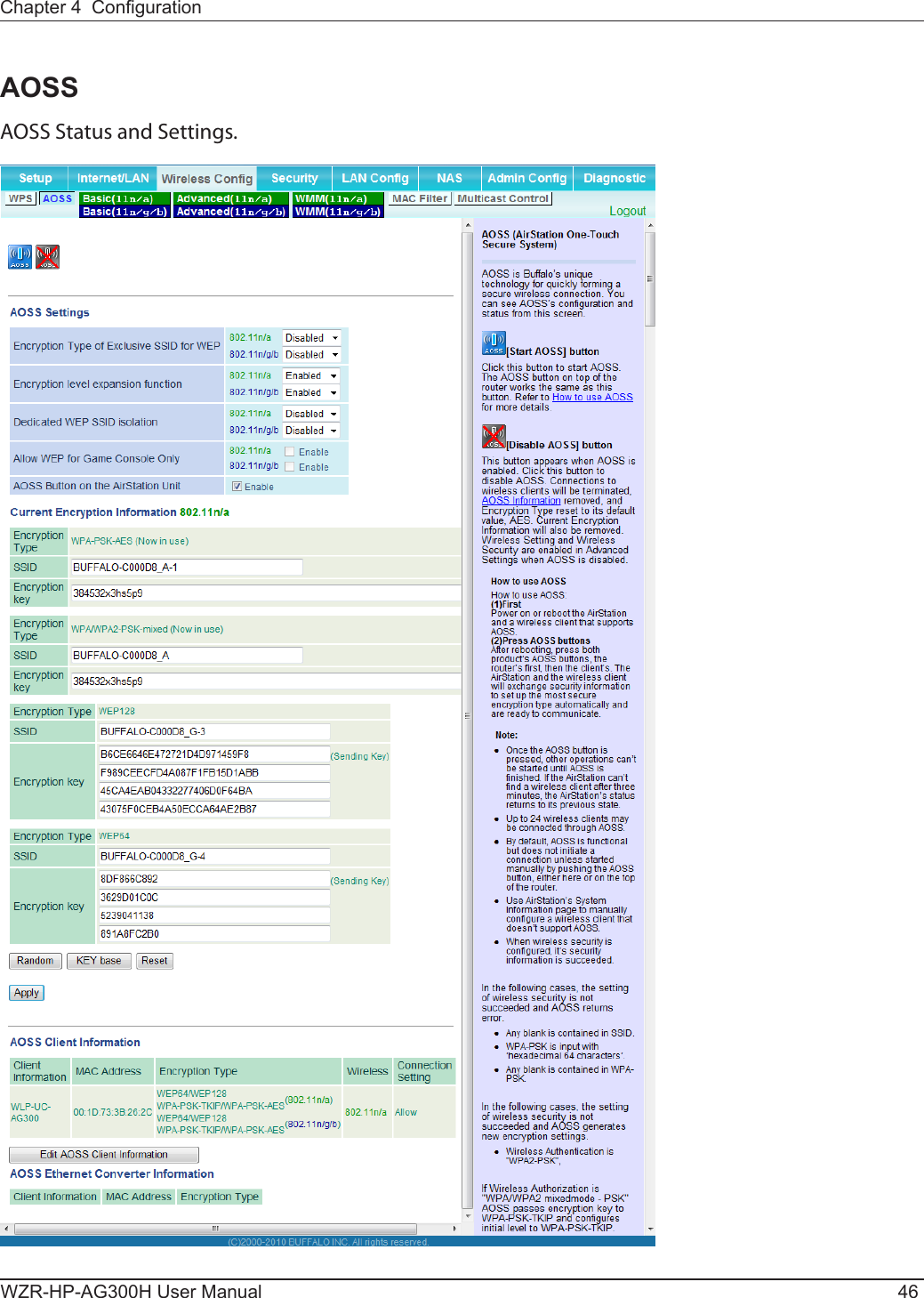 WZR-HP-AG300H User Manual 46Chapter 4  CongurationAOSSAOSS Status and Settings.