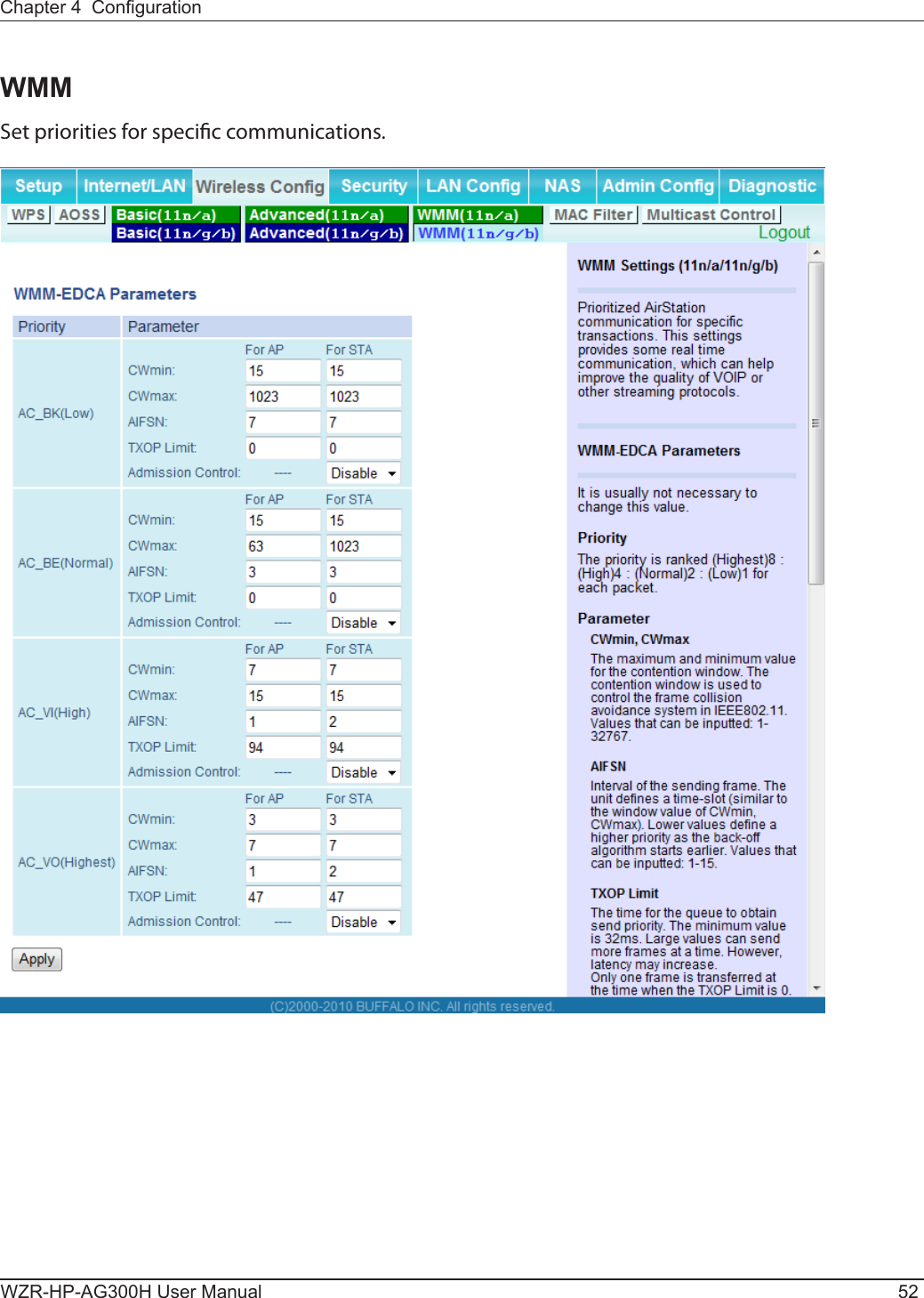 WZR-HP-AG300H User Manual 52Chapter 4  CongurationWMMSet priorities for specic communications.