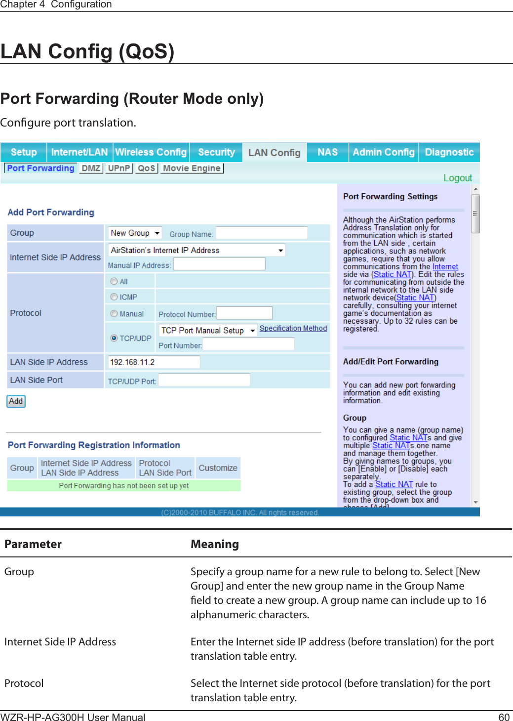 WZR-HP-AG300H User Manual 60Chapter 4  CongurationLAN Cong (QoS)Port Forwarding (Router Mode only)Congure port translation.Parameter MeaningGroup Specify a group name for a new rule to belong to. Select [New Group] and enter the new group name in the Group Name eld to create a new group. A group name can include up to 16 alphanumeric characters.Internet Side IP Address Enter the Internet side IP address (before translation) for the port translation table entry.Protocol Select the Internet side protocol (before translation) for the port translation table entry.