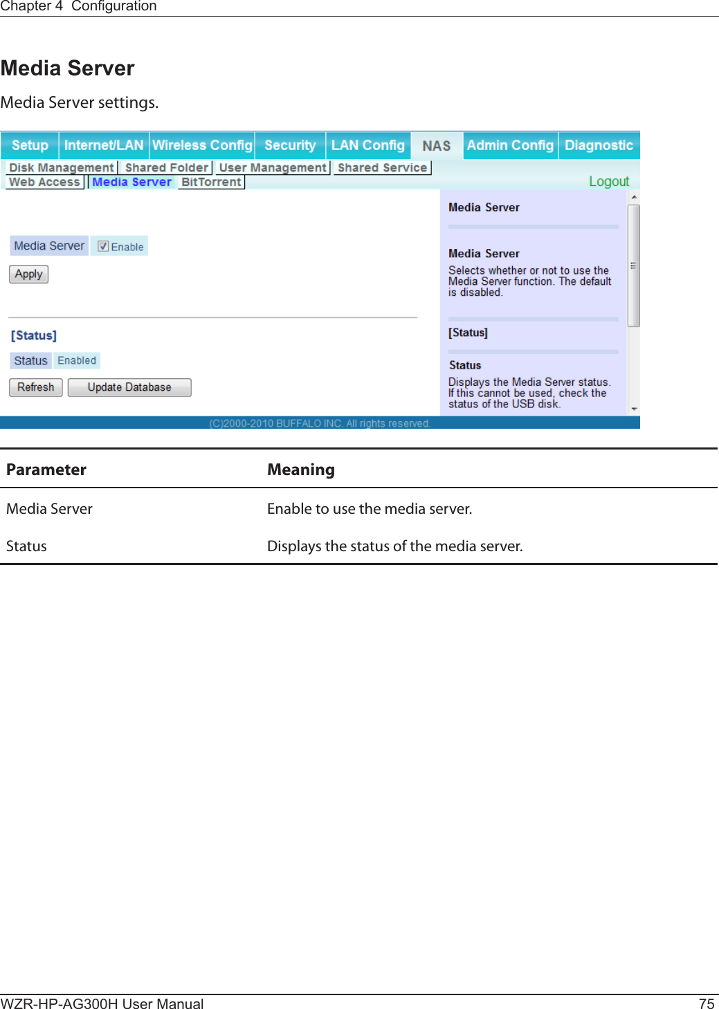 Chapter 4  CongurationWZR-HP-AG300H User Manual 75Media ServerMedia Server settings.Parameter MeaningMedia Server Enable to use the media server.Status Displays the status of the media server.