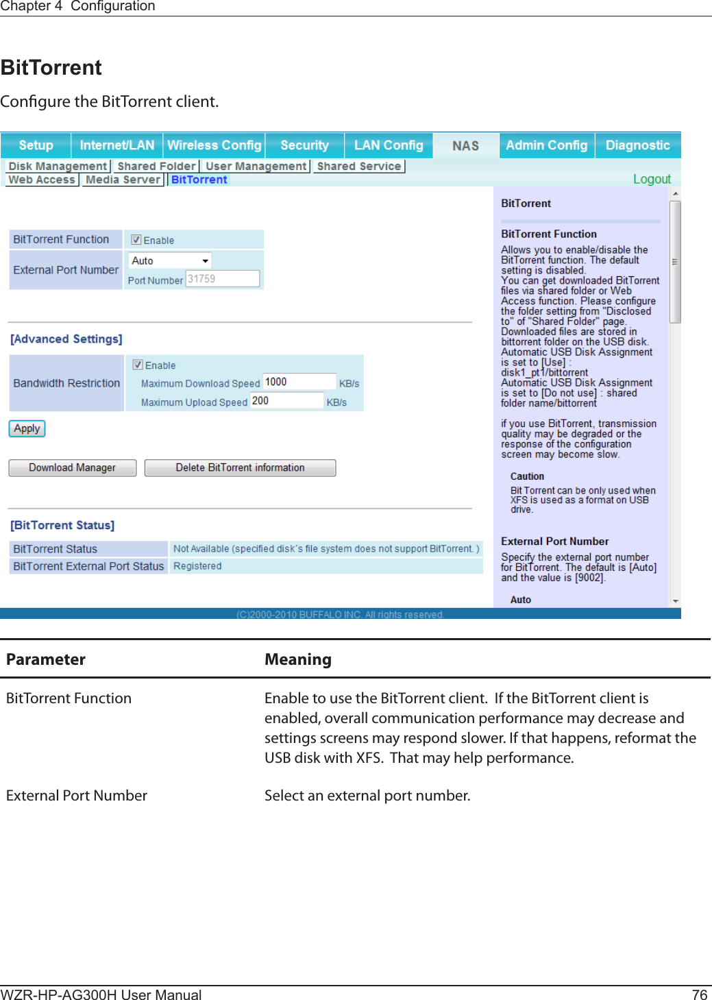 WZR-HP-AG300H User Manual 76Chapter 4  CongurationBitTorrentCongure the BitTorrent client.Parameter MeaningBitTorrent Function Enable to use the BitTorrent client.  If the BitTorrent client is enabled, overall communication performance may decrease and settings screens may respond slower. If that happens, reformat the USB disk with XFS.  That may help performance.   External Port Number Select an external port number.