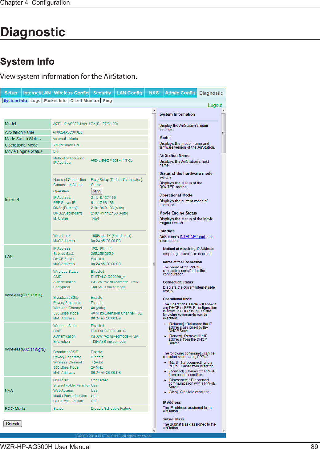 Chapter 4  CongurationWZR-HP-AG300H User Manual 89DiagnosticSystem InfoView system information for the AirStation.