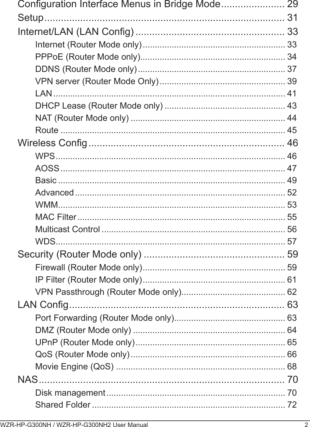 WZR-HP-G300NH / WZR-HP-G300NH2 User Manual 2Conguration Interface Menus in Bridge Mode ....................... 29Setup ....................................................................................... 31Internet/LAN (LAN Cong) ...................................................... 33Internet (Router Mode only) ........................................................... 33PPPoE (Router Mode only) ............................................................ 34DDNS (Router Mode only) ............................................................. 37VPN server (Router Mode Only) .................................................... 39LAN ................................................................................................ 41DHCP Lease (Router Mode only) .................................................. 43NAT (Router Mode only) ................................................................ 44Route ............................................................................................. 45Wireless Cong ....................................................................... 46WPS ............................................................................................... 46AOSS ............................................................................................. 47Basic .............................................................................................. 49Advanced ....................................................................................... 52WMM .............................................................................................. 53MAC Filter ...................................................................................... 55Multicast Control ............................................................................ 56WDS ............................................................................................... 57Security (Router Mode only) ................................................... 59Firewall (Router Mode only) ........................................................... 59IP Filter (Router Mode only) ........................................................... 61VPN Passthrough (Router Mode only) ........................................... 62LAN Cong .............................................................................. 63Port Forwarding (Router Mode only) .............................................. 63DMZ (Router Mode only) ............................................................... 64UPnP (Router Mode only) .............................................................. 65QoS (Router Mode only) ................................................................ 66Movie Engine (QoS)  ...................................................................... 68NAS ......................................................................................... 70Disk management .......................................................................... 70Shared Folder ................................................................................ 72