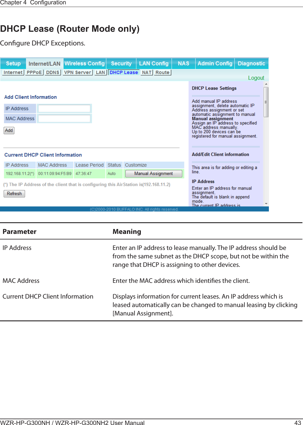 Chapter 4  CongurationWZR-HP-G300NH / WZR-HP-G300NH2 User Manual 43DHCP Lease (Router Mode only)Congure DHCP Exceptions.Parameter MeaningIP Address Enter an IP address to lease manually. The IP address should be from the same subnet as the DHCP scope, but not be within the range that DHCP is assigning to other devices.MAC Address Enter the MAC address which identies the client.Current DHCP Client Information Displays information for current leases. An IP address which is leased automatically can be changed to manual leasing by clicking [Manual Assignment].