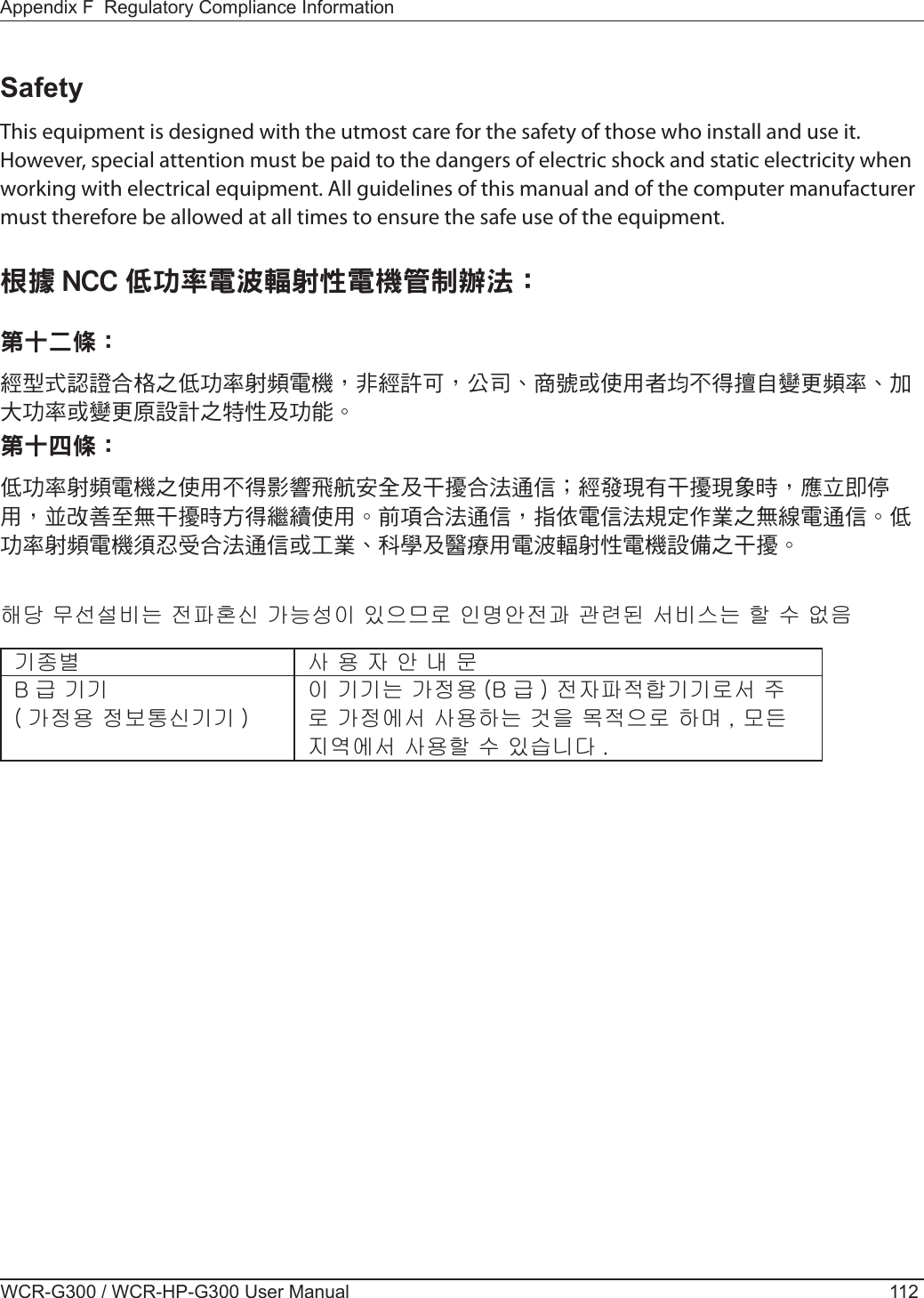 WCR-G300 / WCR-HP-G300 User Manual 112Appendix F  Regulatory Compliance InformationSafetyThis equipment is designed with the utmost care for the safety of those who install and use it. However, special attention must be paid to the dangers of electric shock and static electricity when working with electrical equipment. All guidelines of this manual and of the computer manufacturer must therefore be allowed at all times to ensure the safe use of the equipment.根據 NCC 低功率電波輻射性電機管制辦法：第十二條：經型式認證合格之低功率射頻電機，非經許可，公司、商號或使用者均不得擅自變更頻率、加大功率或變更原設計之特性及功能。第十四條：低功率射頻電機之使用不得影響飛航安全及干擾合法通信；經發現有干擾現象時，應立即停用，並改善至無干擾時方得繼續使用。前項合法通信，指依電信法規定作業之無線電通信。低功率射頻電機須忍受合法通信或工業、科學及醫療用電波輻射性電機設備之干擾。해당 무선설비는 전파혼신 가능성이 있으므로 인명안전과 관련된 서비스는 할 수 없음기종별 사 용 자 안 내 문B 급 기기( 가정용 정보통신기기 )이 기기는 가정용 (B 급 ) 전자파적합기기로서 주로 가정에서 사용하는 것을 목적으로 하며 , 모든지역에서 사용할 수 있습니다 .