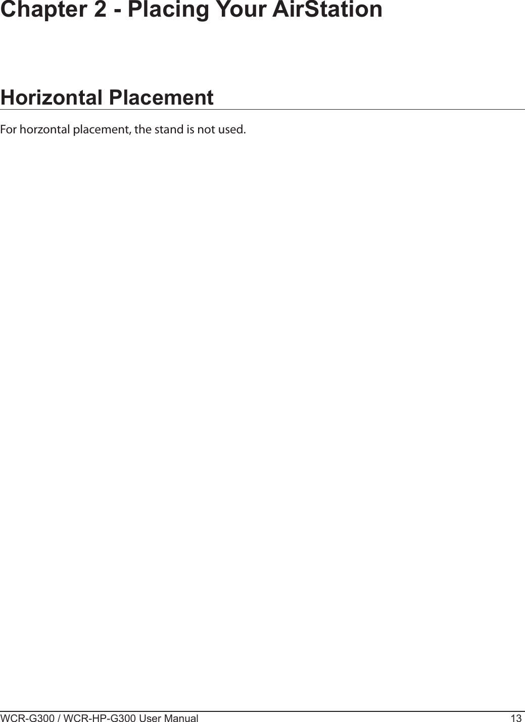 WCR-G300 / WCR-HP-G300 User Manual 13Chapter 2 - Placing Your AirStationHorizontal PlacementFor horzontal placement, the stand is not used.