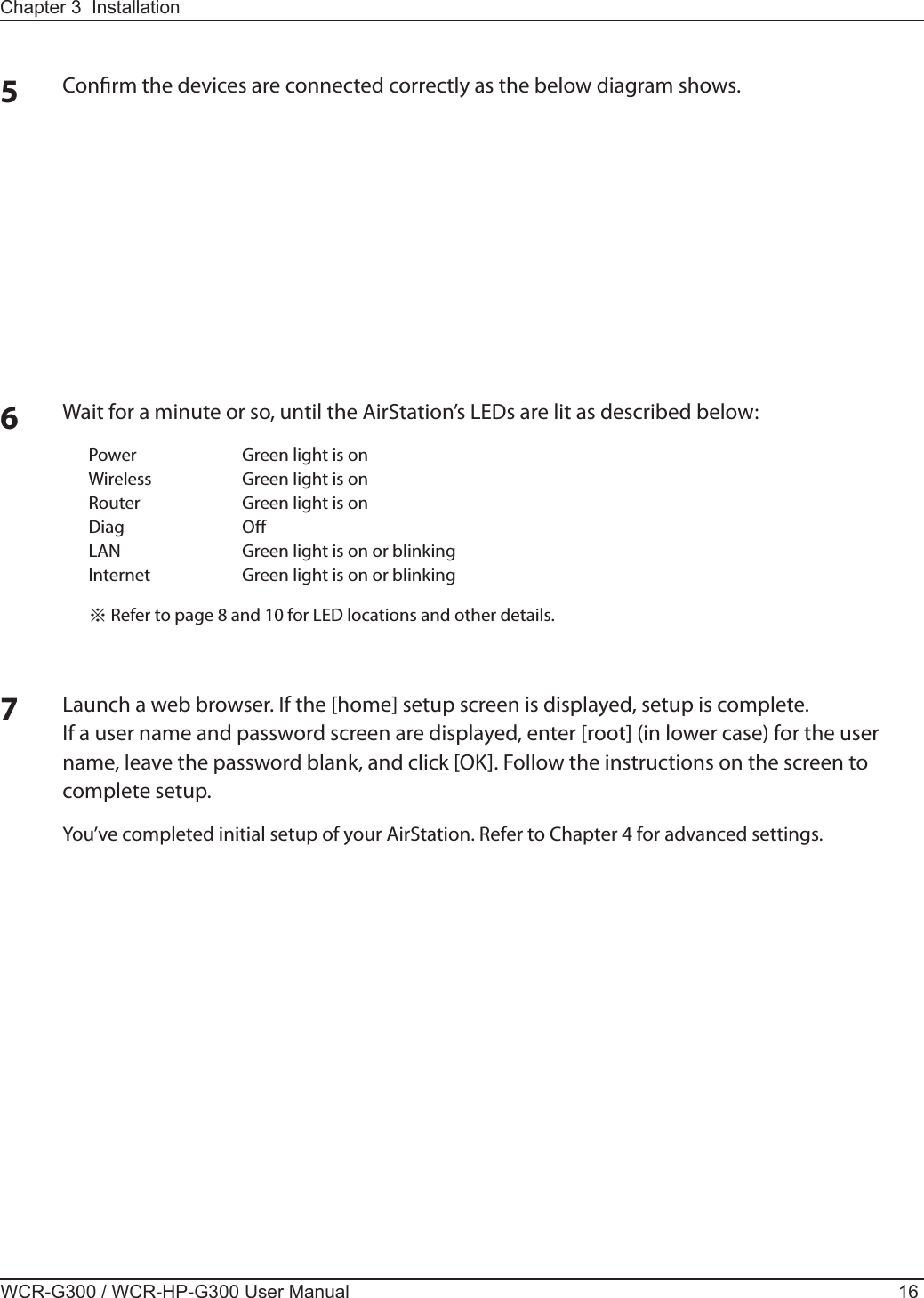 WCR-G300 / WCR-HP-G300 User Manual 16Chapter 3  Installation5Conrm the devices are connected correctly as the below diagram shows. 6Wait for a minute or so, until the AirStation’s LEDs are lit as described below:Power  Green light is on Wireless  Green light is on Router  Green light is onDiag  OLAN  Green light is on or blinking Internet  Green light is on or blinking ※ Refer to page 8 and 10 for LED locations and other details.7Launch a web browser. If the [home] setup screen is displayed, setup is complete.If a user name and password screen are displayed, enter [root] (in lower case) for the user name, leave the password blank, and click [OK]. Follow the instructions on the screen to complete setup.You’ve completed initial setup of your AirStation. Refer to Chapter 4 for advanced settings.