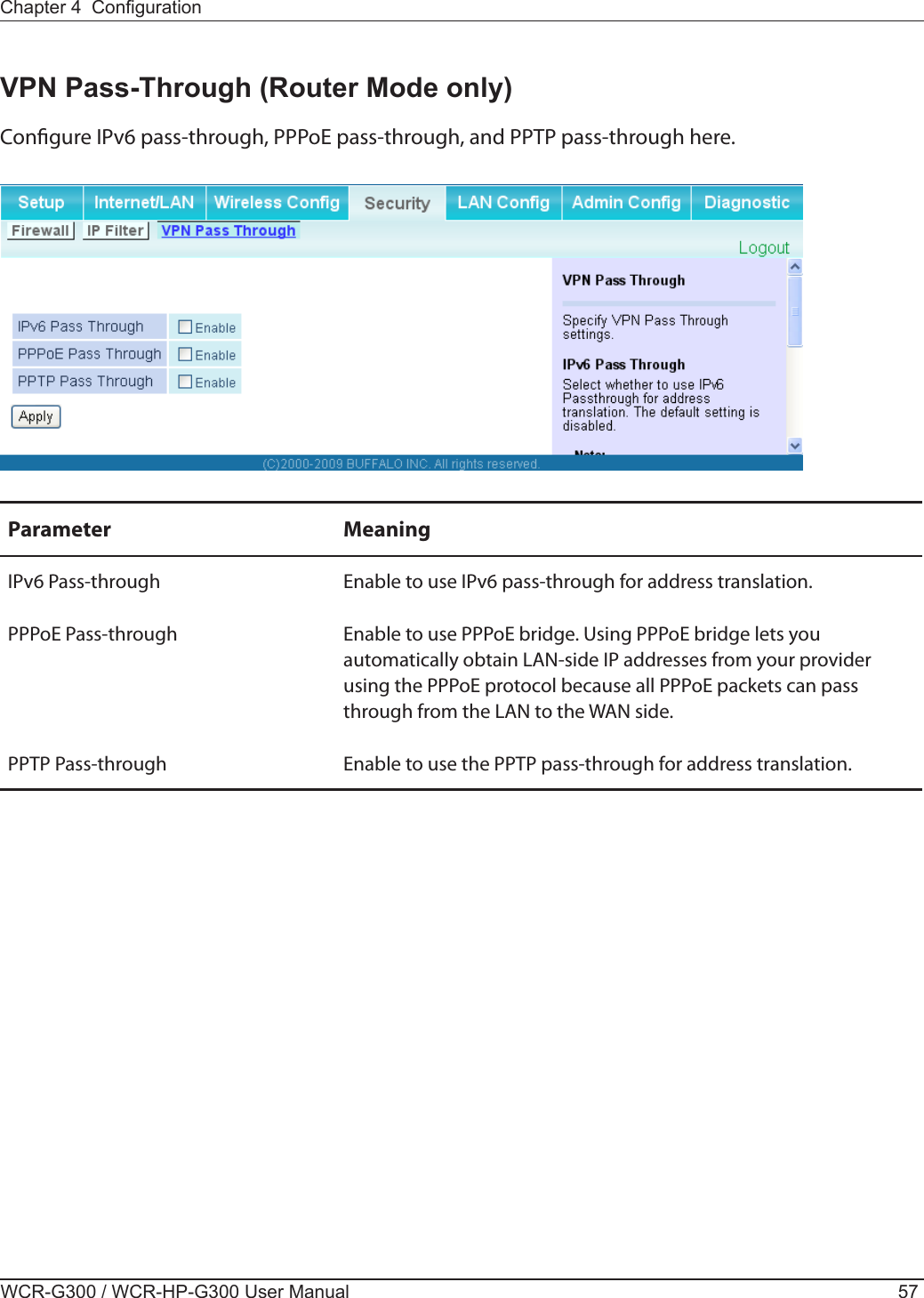 Chapter 4  CongurationWCR-G300 / WCR-HP-G300 User Manual 57VPN Pass-Through (Router Mode only)Congure IPv6 pass-through, PPPoE pass-through, and PPTP pass-through here.Parameter MeaningIPv6 Pass-through Enable to use IPv6 pass-through for address translation.PPPoE Pass-through Enable to use PPPoE bridge. Using PPPoE bridge lets you  automatically obtain LAN-side IP addresses from your provider using the PPPoE protocol because all PPPoE packets can pass through from the LAN to the WAN side.PPTP Pass-through Enable to use the PPTP pass-through for address translation.