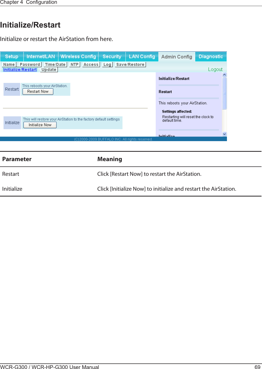 Chapter 4  CongurationWCR-G300 / WCR-HP-G300 User Manual 69Initialize/RestartInitialize or restart the AirStation from here.Parameter MeaningRestart Click [Restart Now] to restart the AirStation.Initialize Click [Initialize Now] to initialize and restart the AirStation.